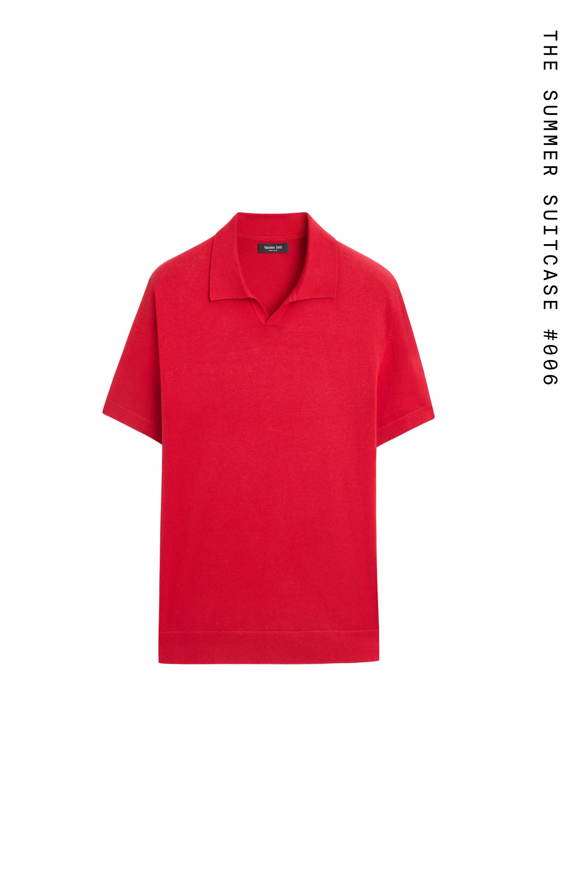 Cotton blend V-neck polo shirt — RED