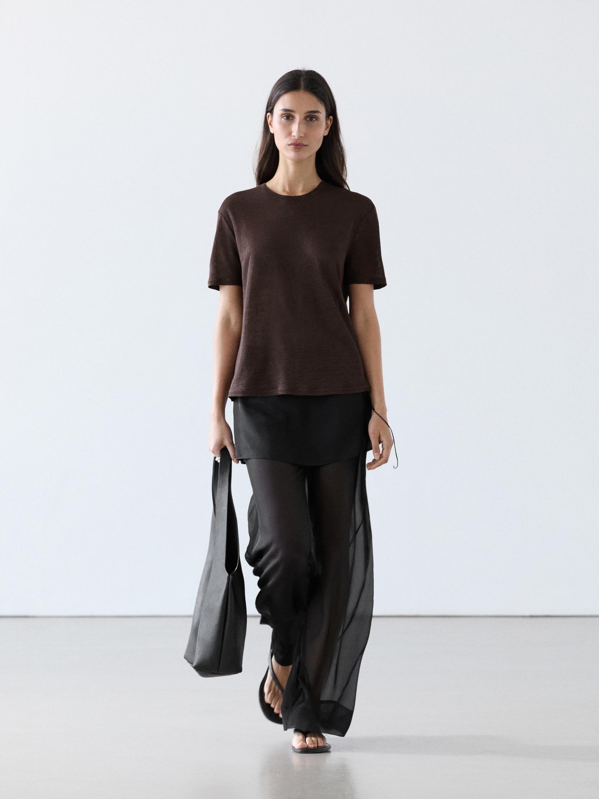Massimo Dutti - Dame - Kortærmet T-Shirt I 100 % Hør - Brun - Xs