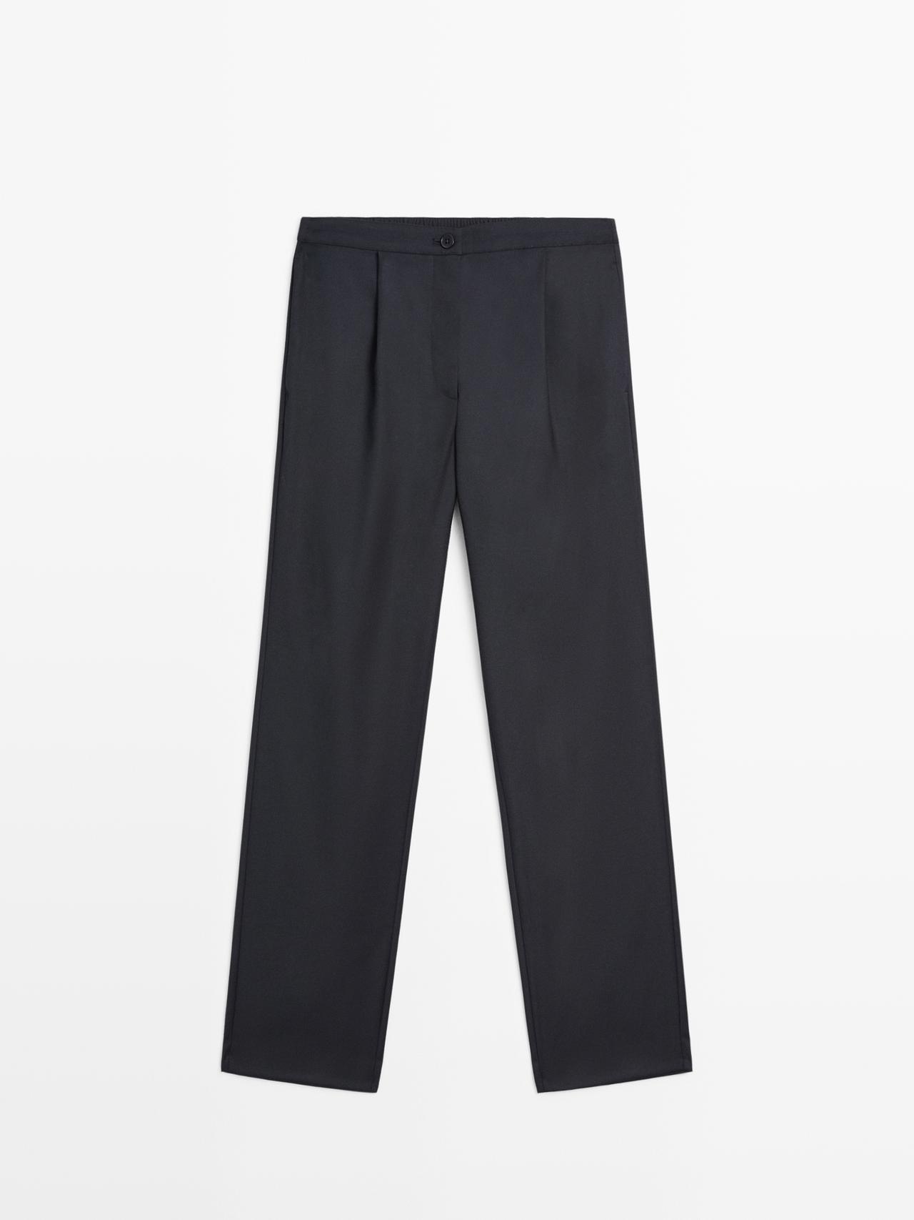 Massimo Dutti - Dame - Bukser Med Læg Og Elastisk Linning - Marineblå - 44