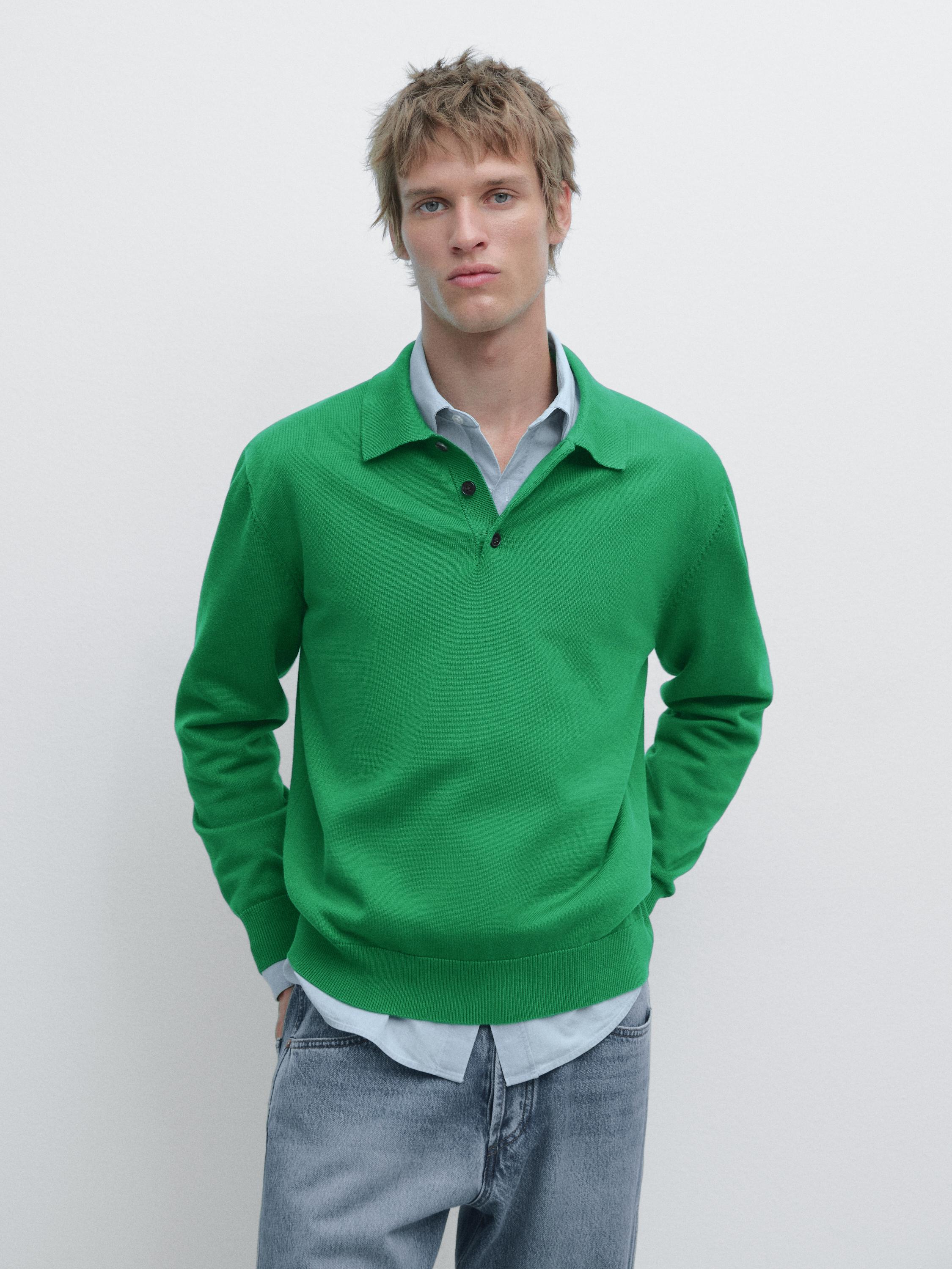 Cotton knit polo collar sweater — Green billiard