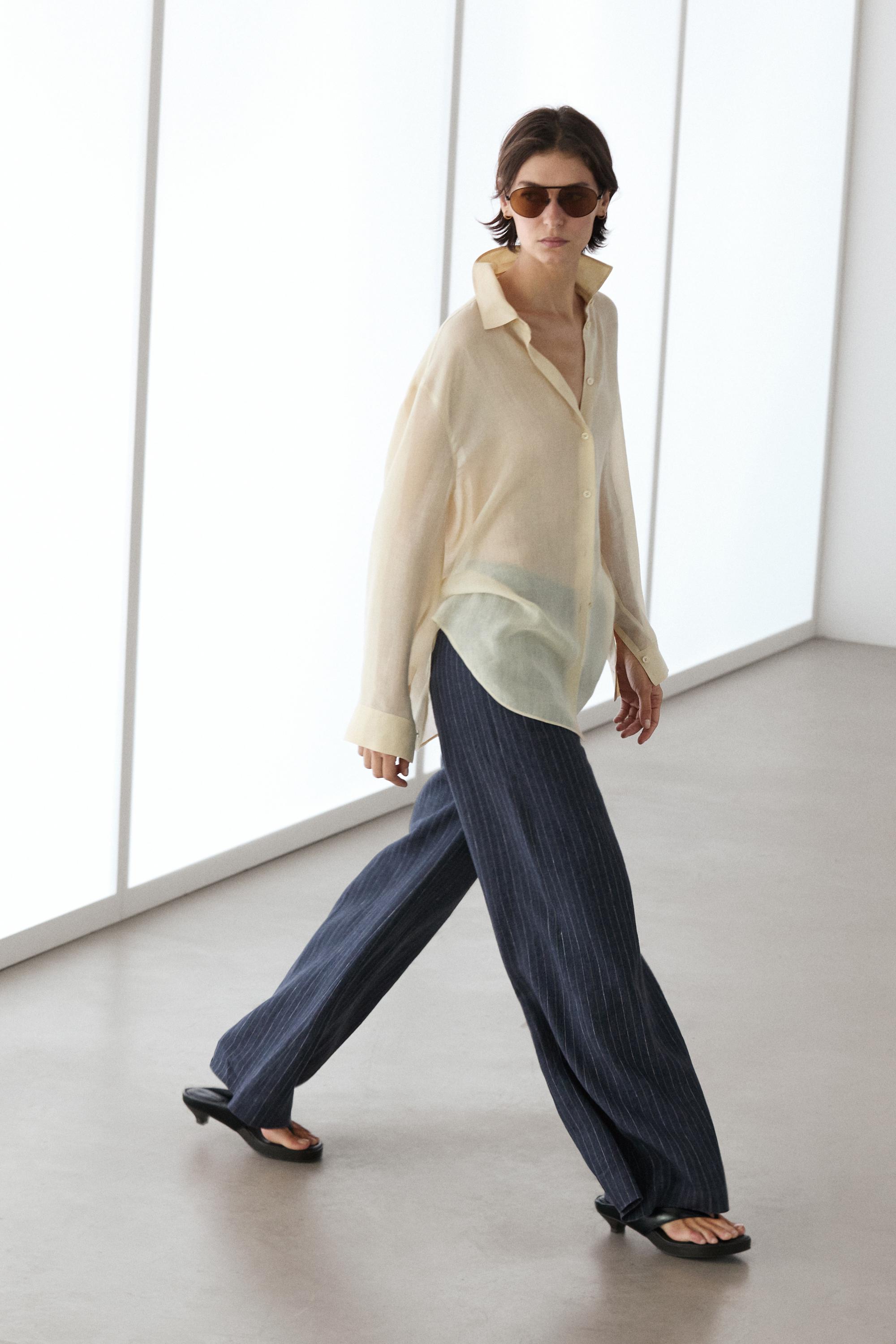100% linen mid-waist flare pants — NAVY BLUE