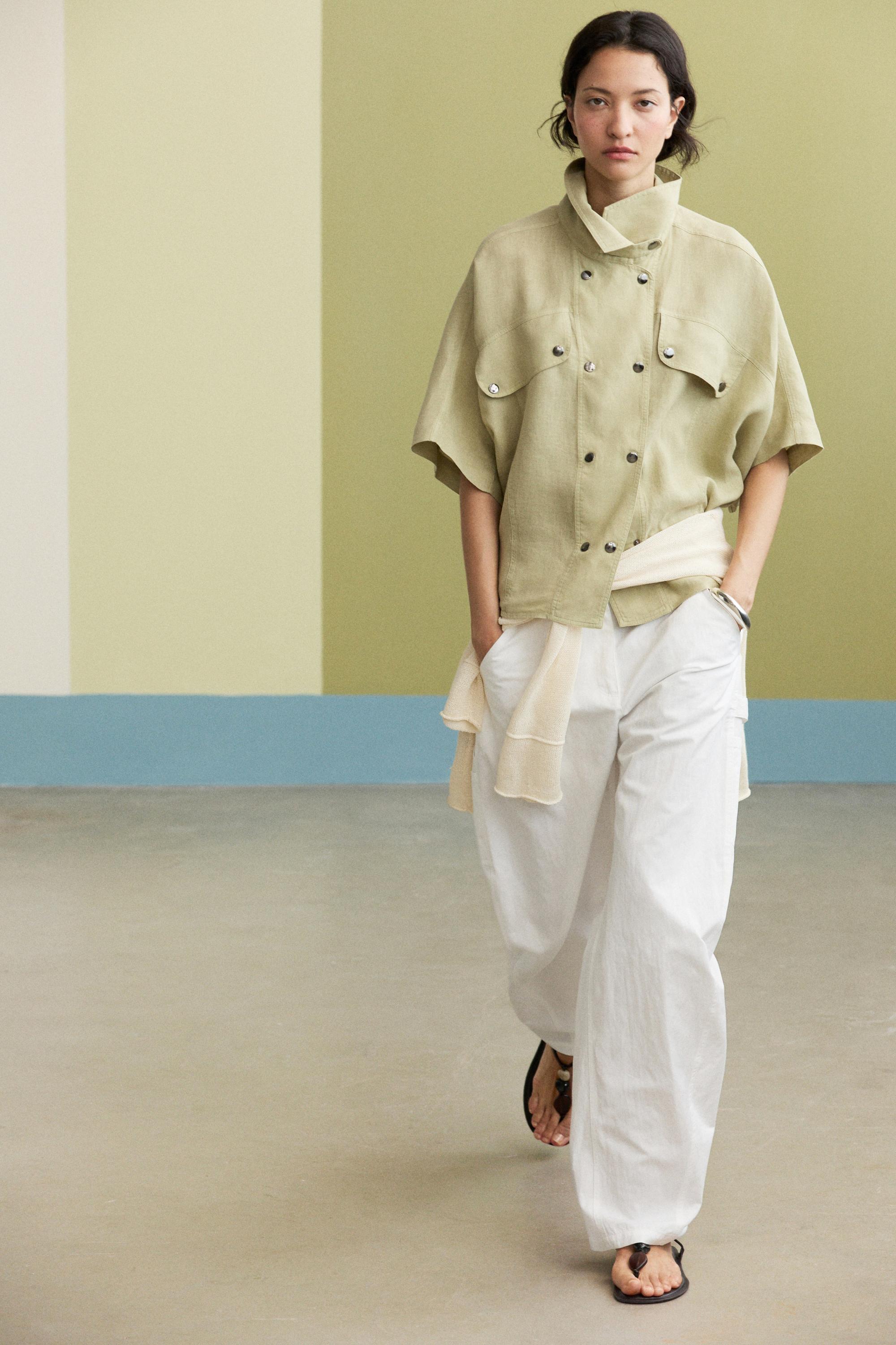 Short sleeve linen snap button shirt — LIME