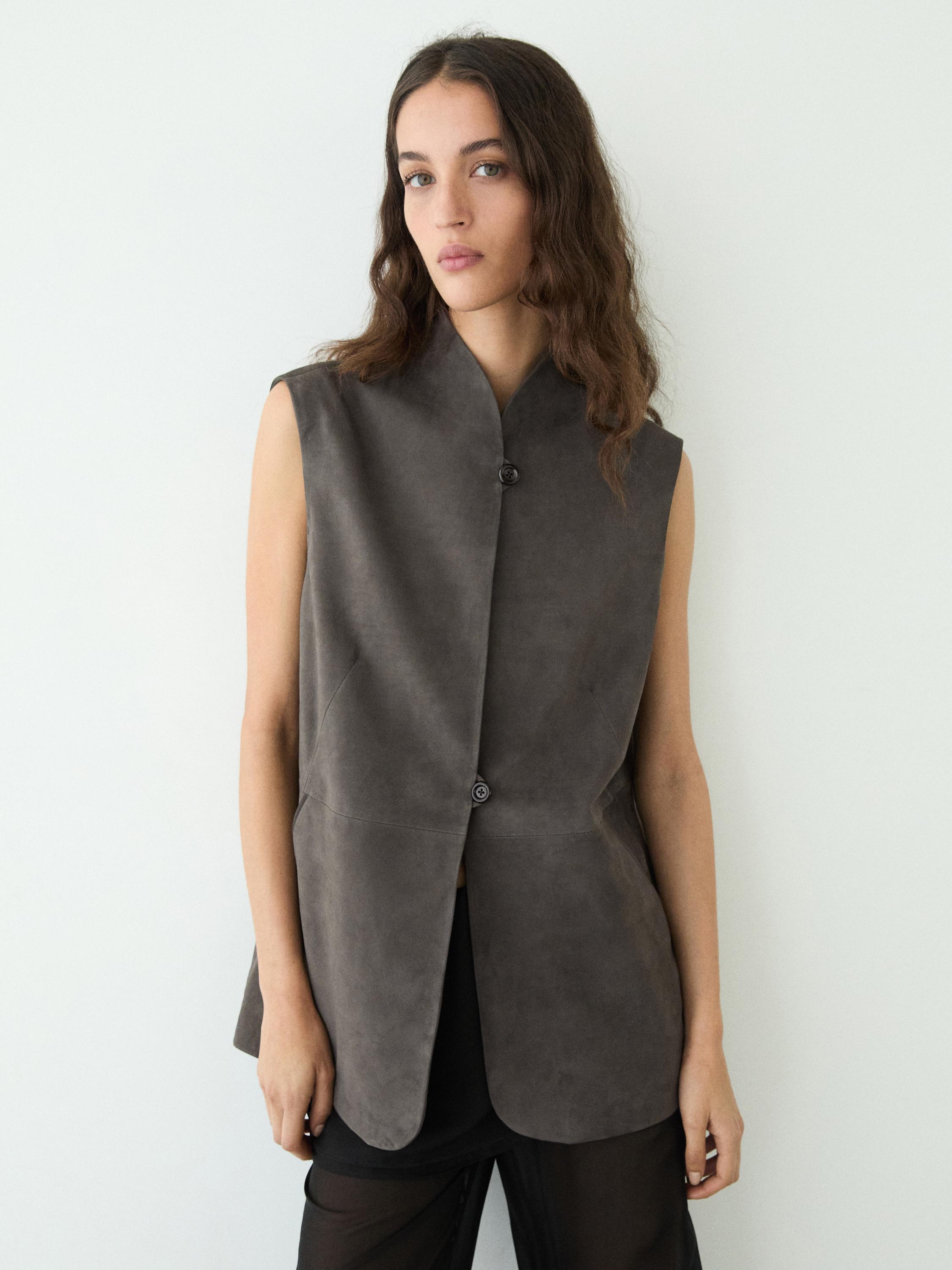 Leather waistcoat with velvety finish — MOLE BROWN