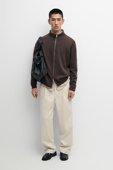 Wool blend zip-detail cardigan — BROWN 1