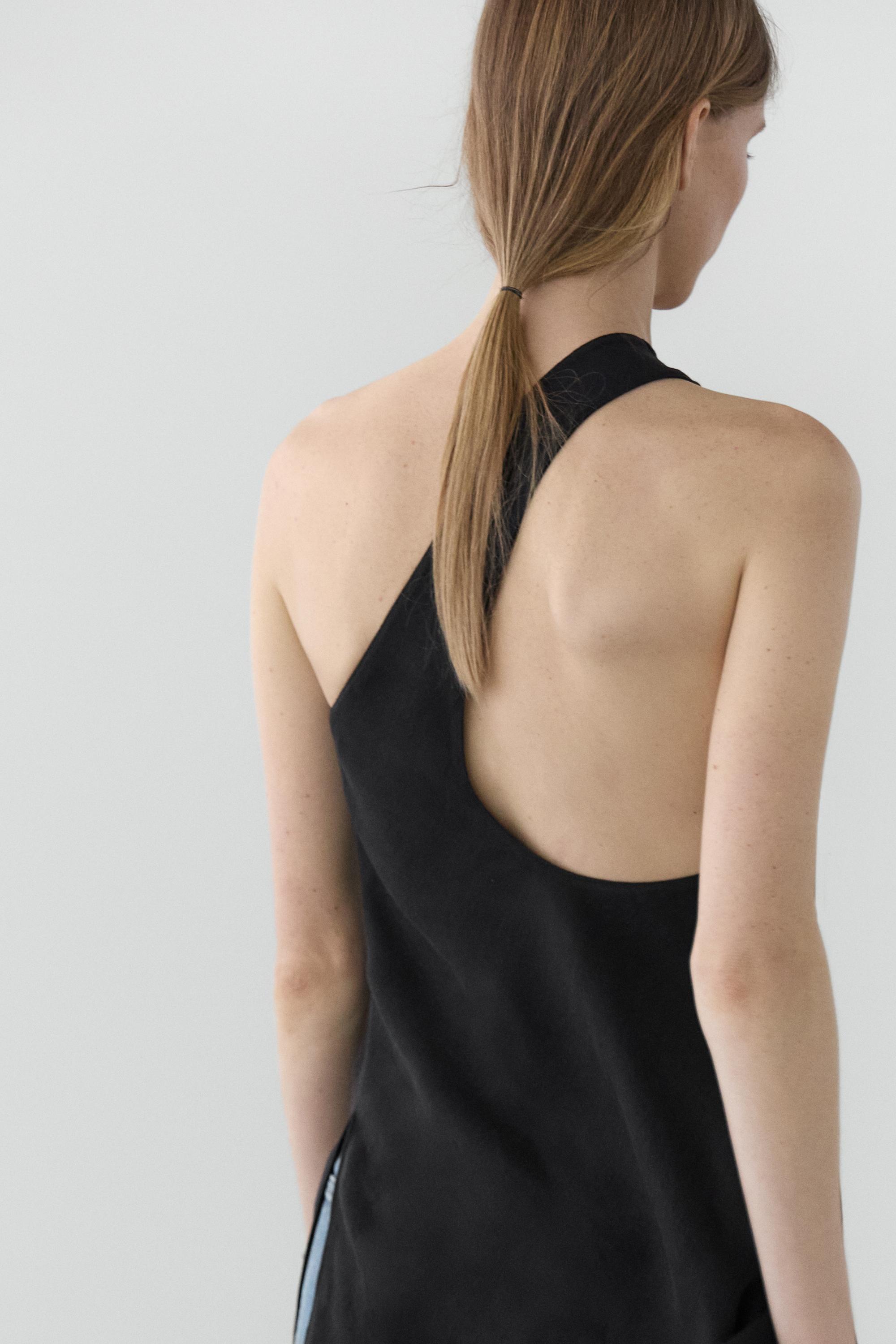 Asymmetric linen blend top with back detail — BLACK