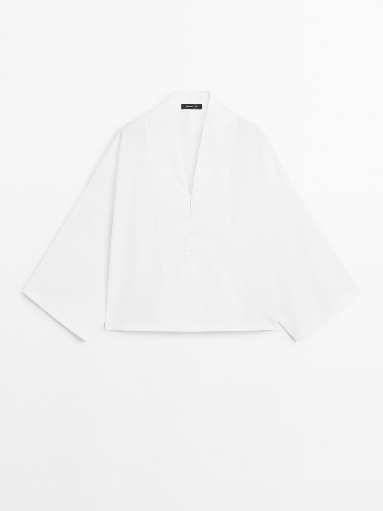 Massimo Dutti - Dame - Bluse I 100 % Bomuld Med Knaplukning Foran - Hvid - M-L