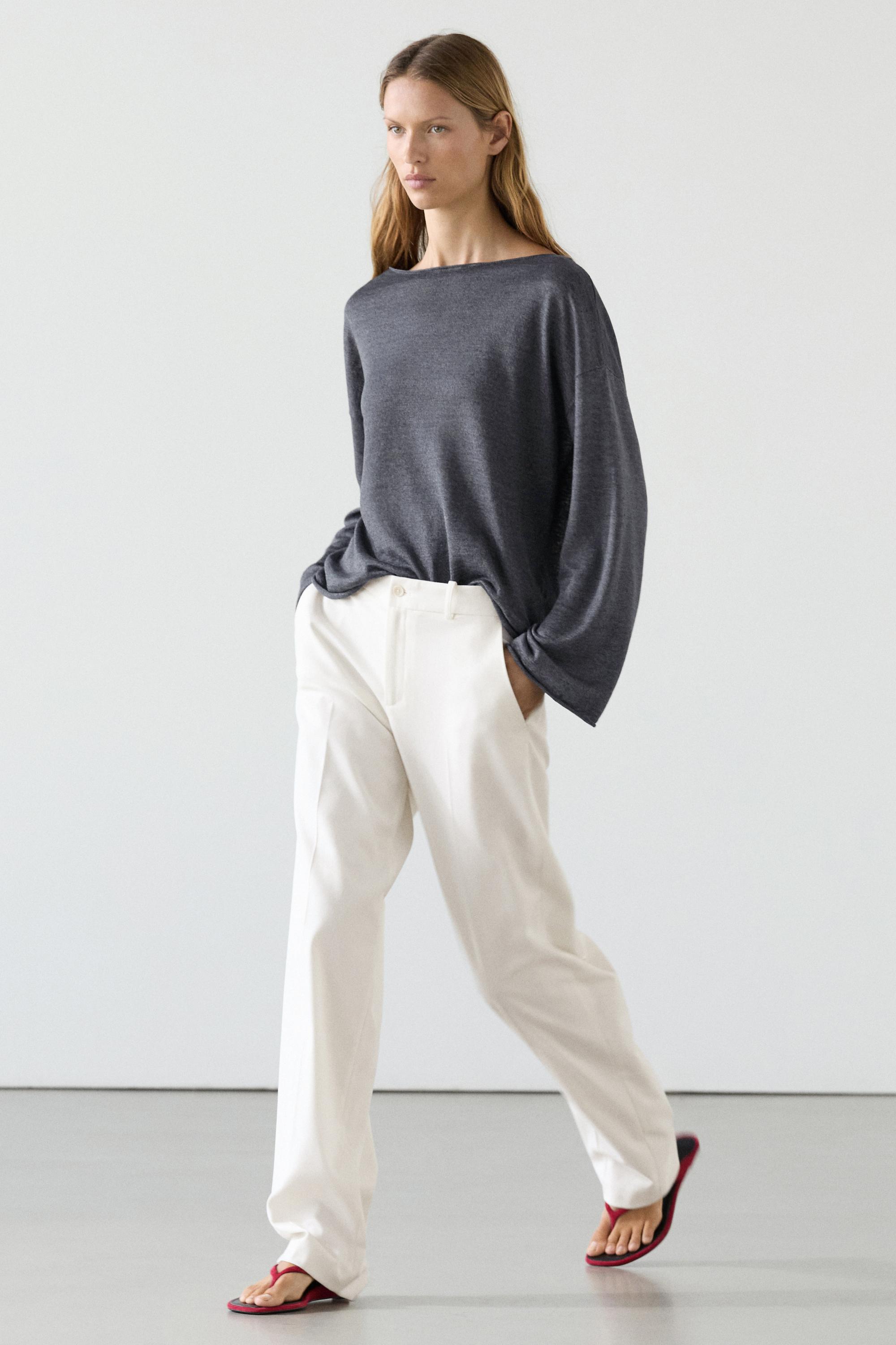 100% linen knit boat neck sweater · Off White, Navy Blue, Sky Blue