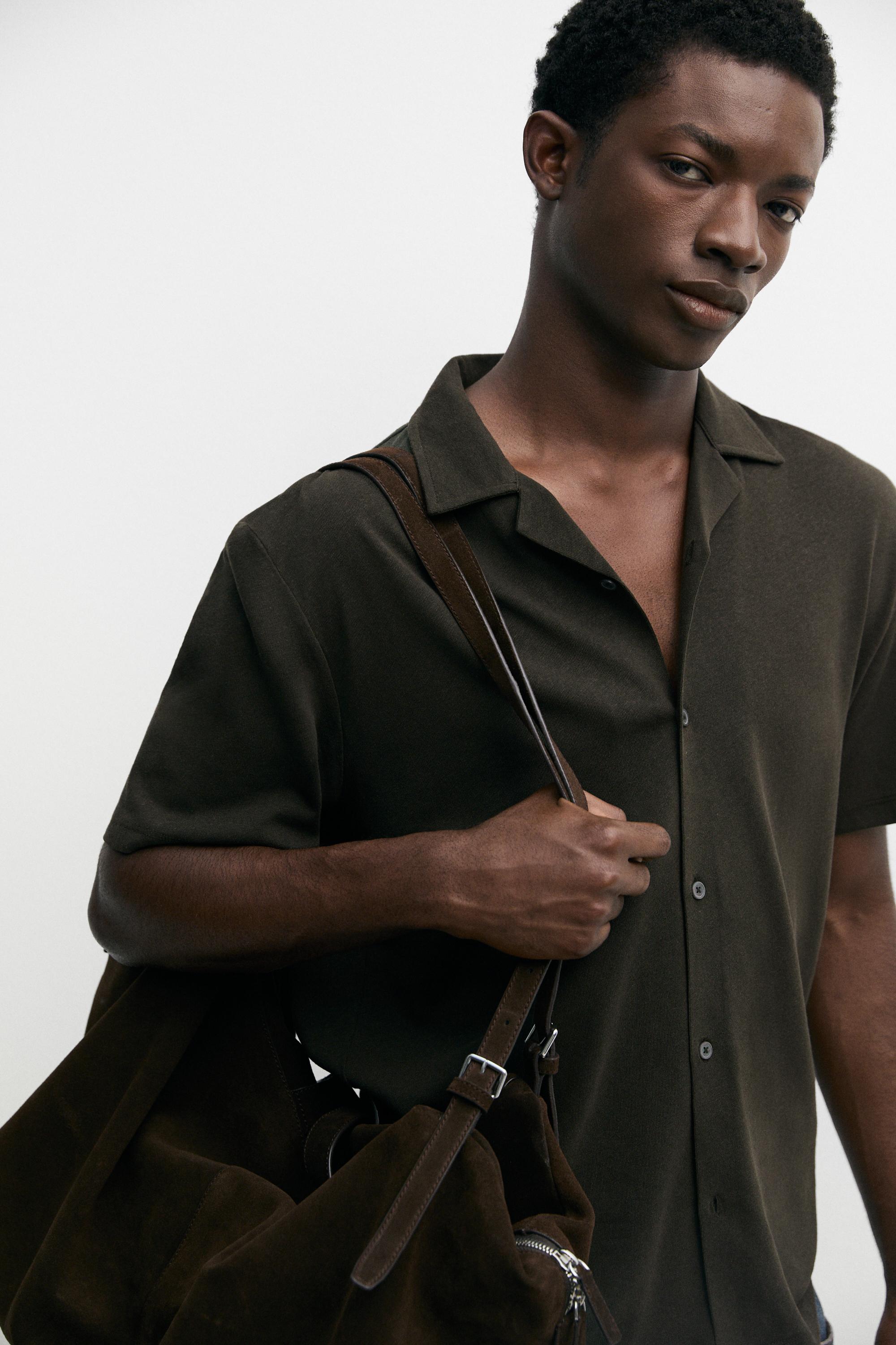 Regular fit short sleeve linen-cotton blend shirt — KHAKI