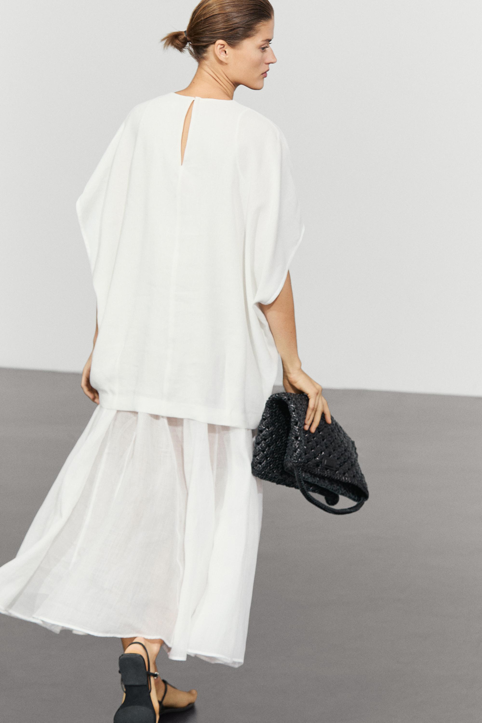 Combined linen-blend dress — WHITE
