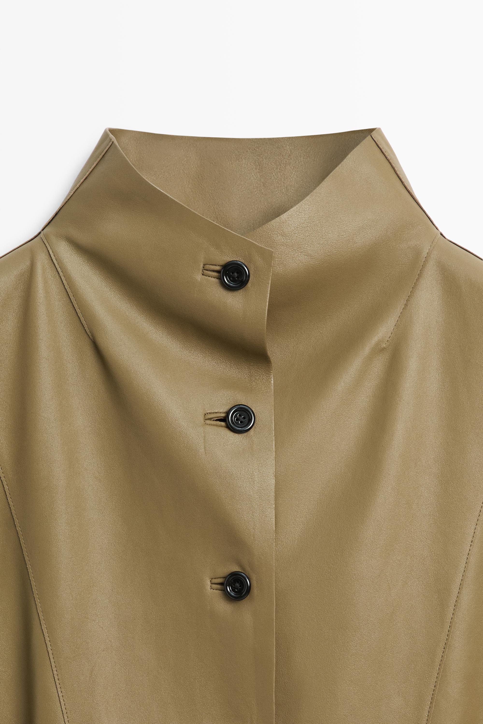 Stand collar nappa leather cropped jacket — KHAKI