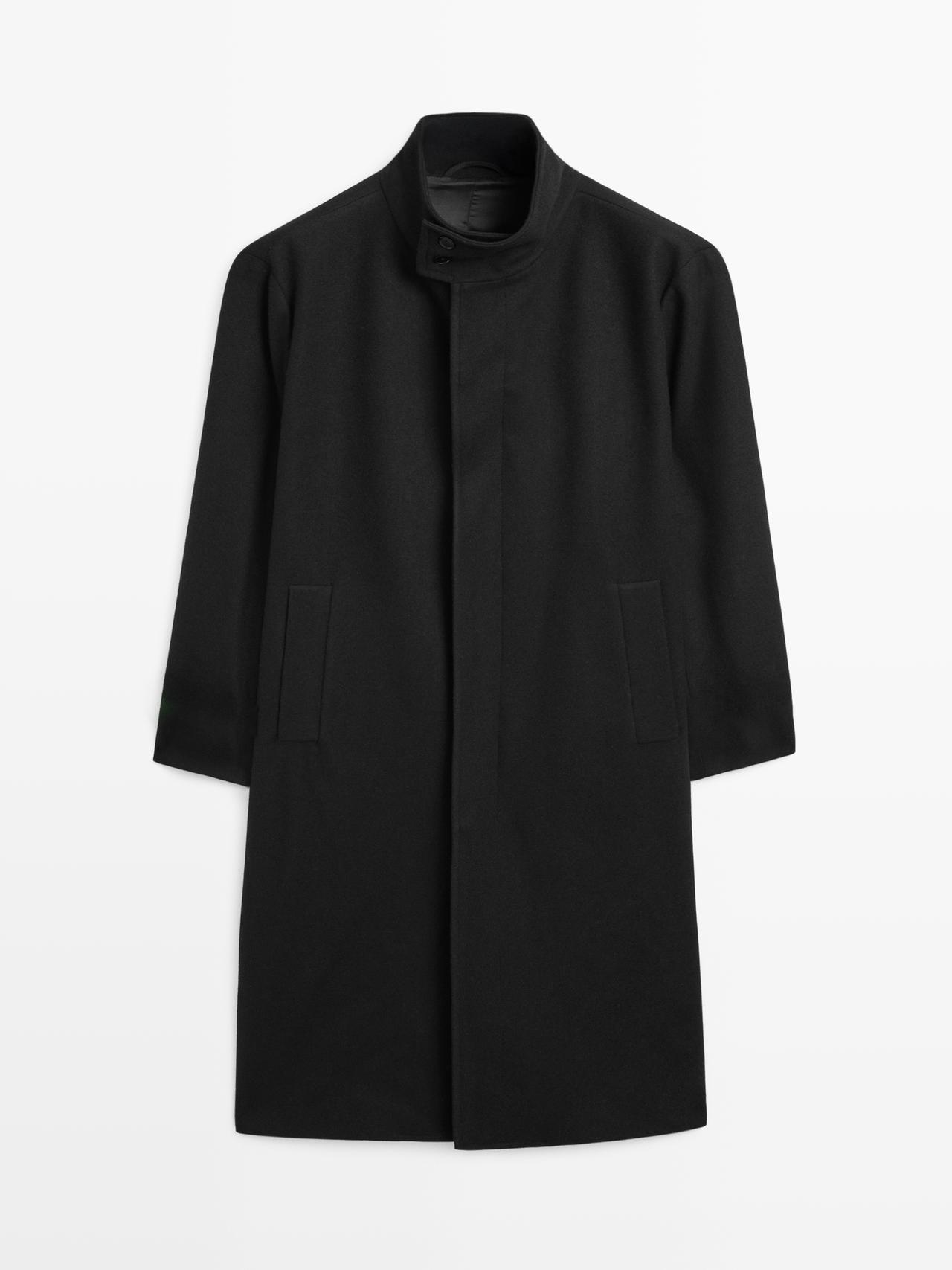 Massimo Dutti - Herre - Lang Frakke I Uld Med Høj Hals - Sort - Xxl