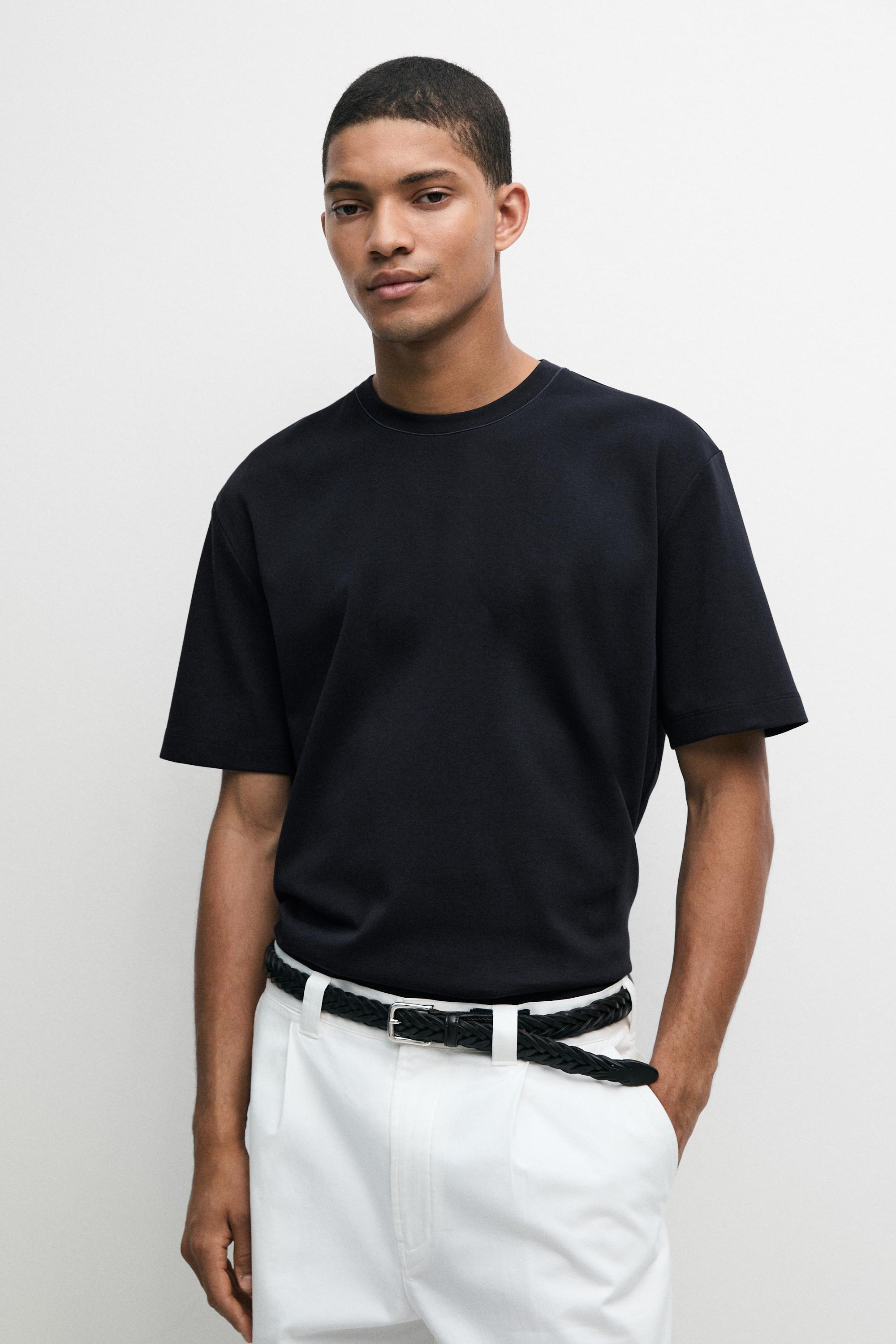 Contrast neck short sleeve T-shirt — NAVY BLUE
