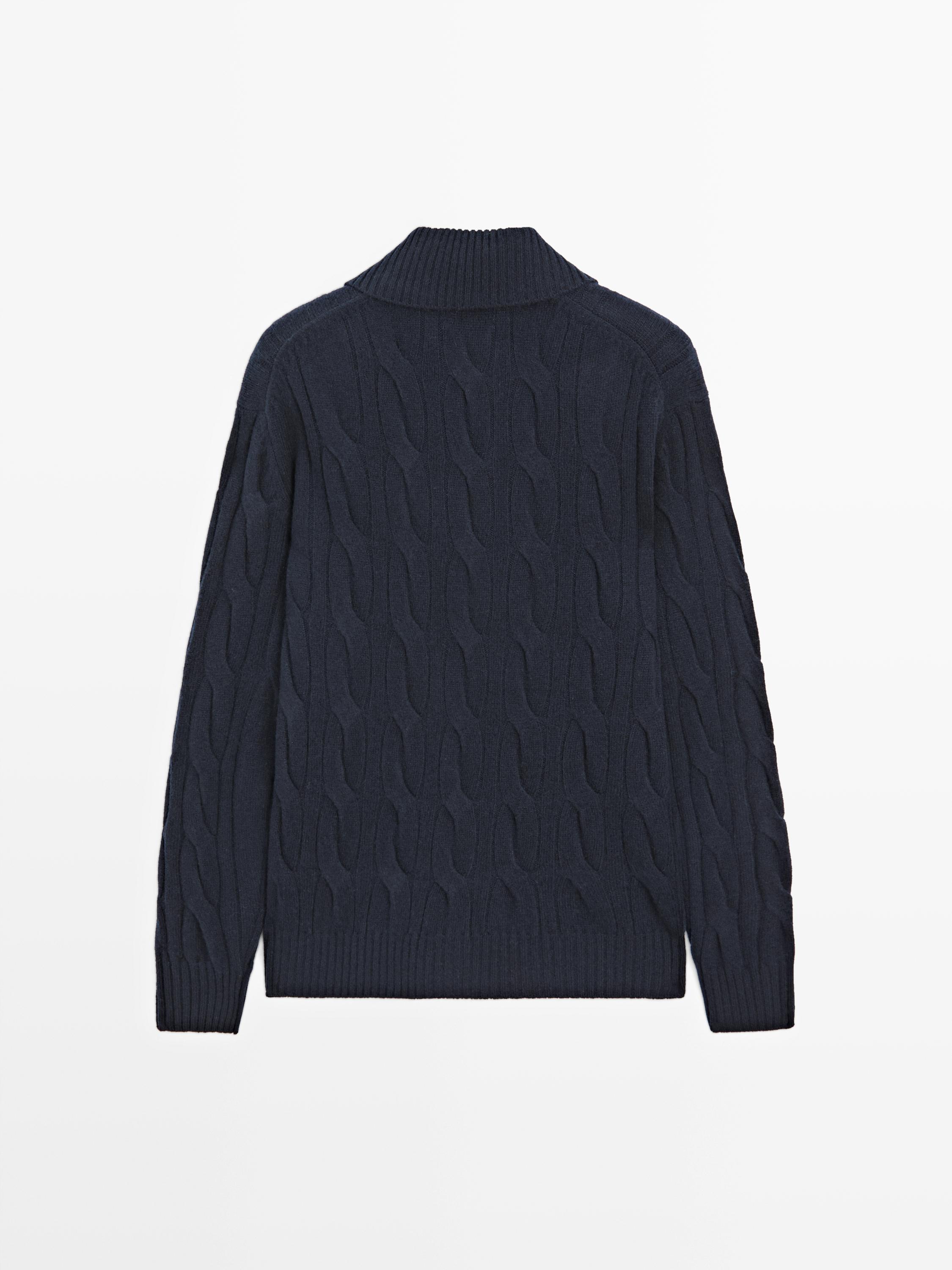 Wool cable-knit polo sweater — NAVY BLUE