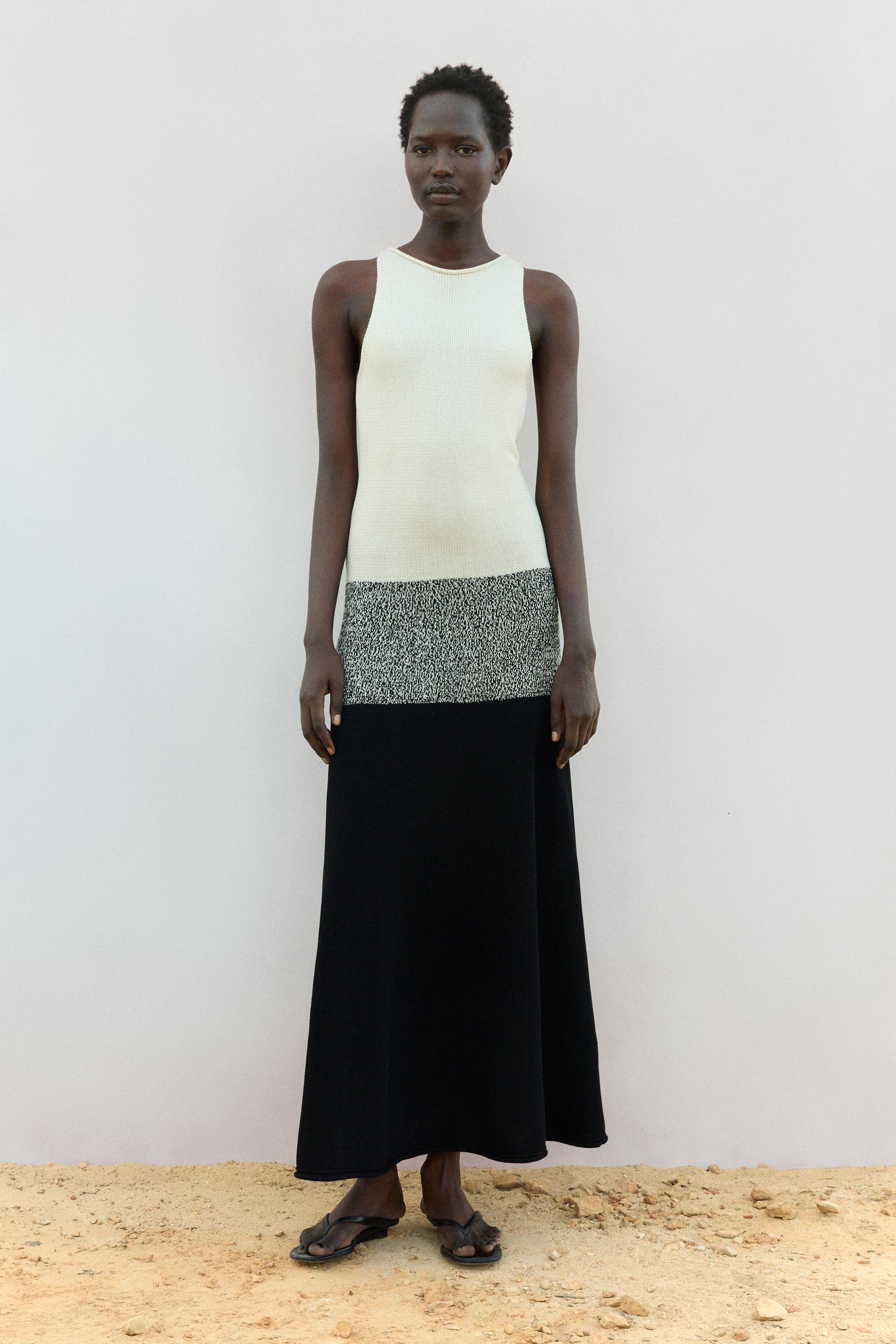 100% cotton contrast knit midi dress — BLACK