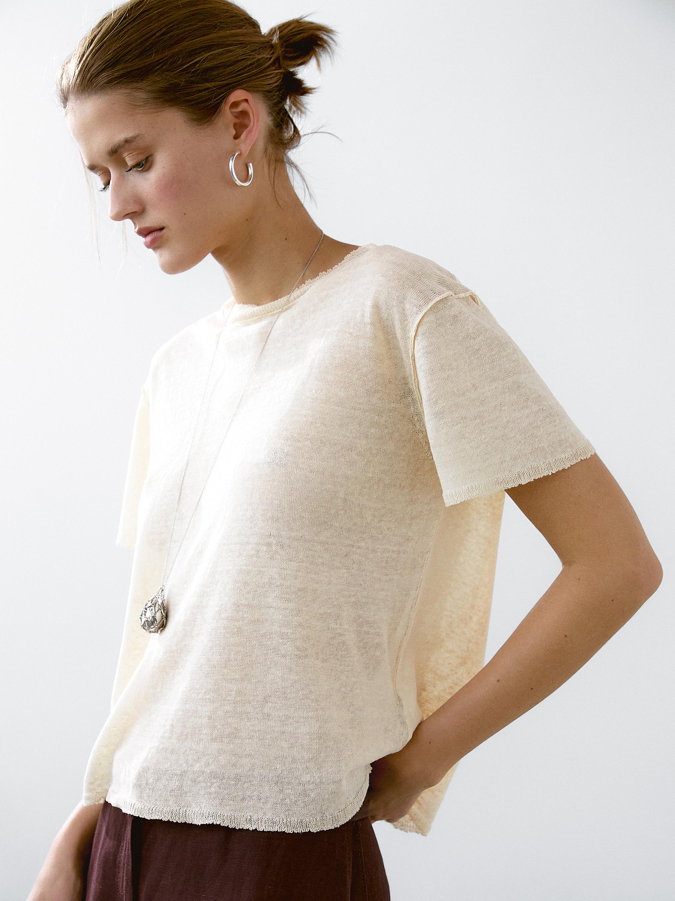T-Shirt mit lockerem Strickmuster aus Leinenmischgewebe