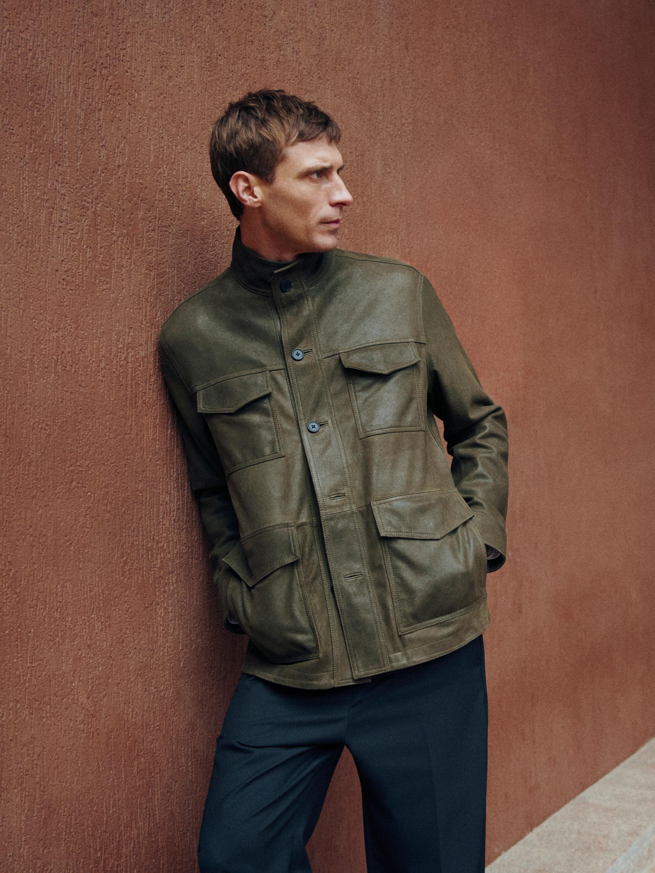 Distressed-effect goatskin leather jacket — KHAKI