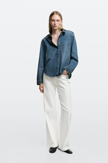 Denim shirt with shoulder tab detail — MEDIUM BLUE 1