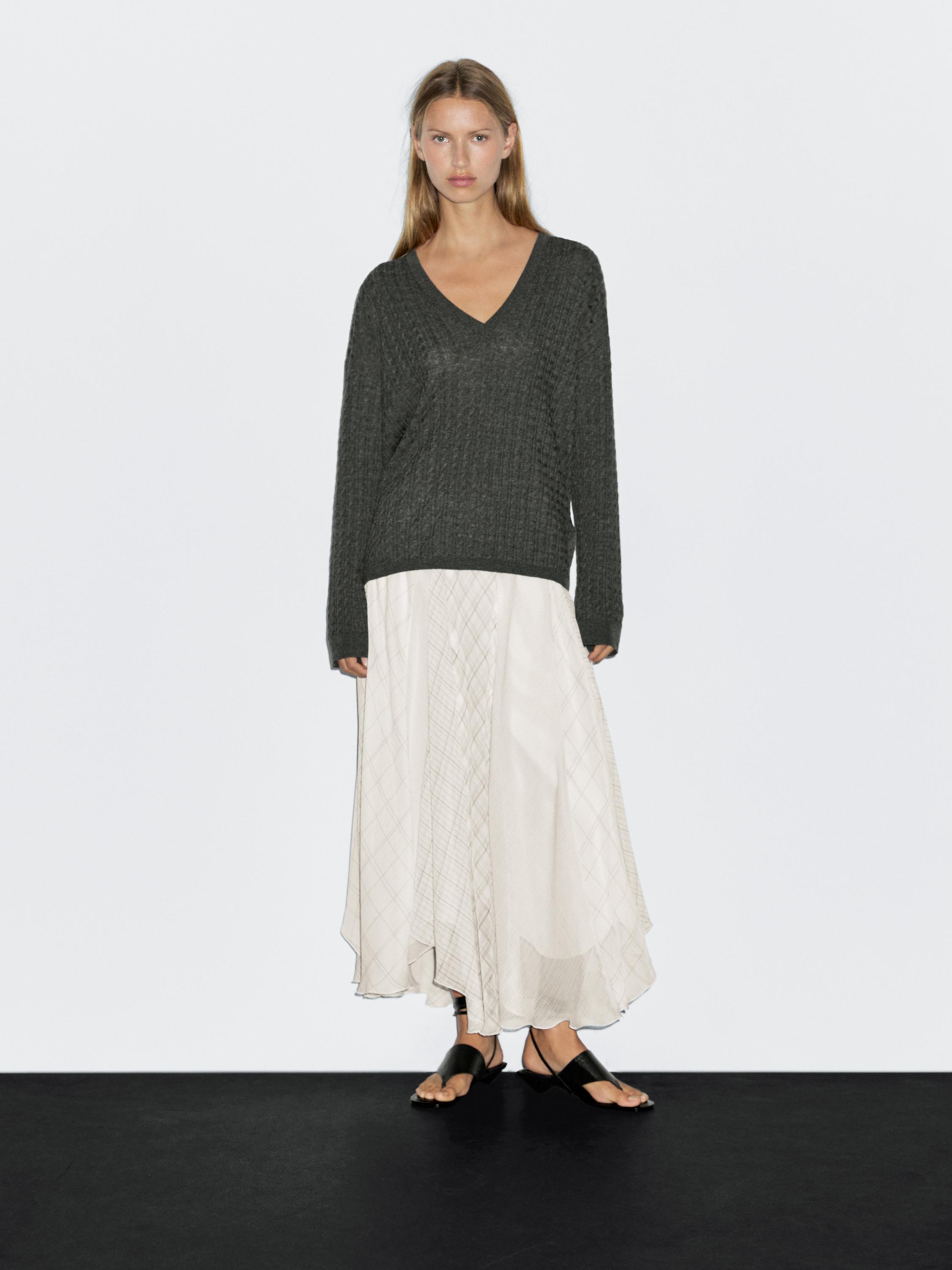 Asymmetric check midi skirt