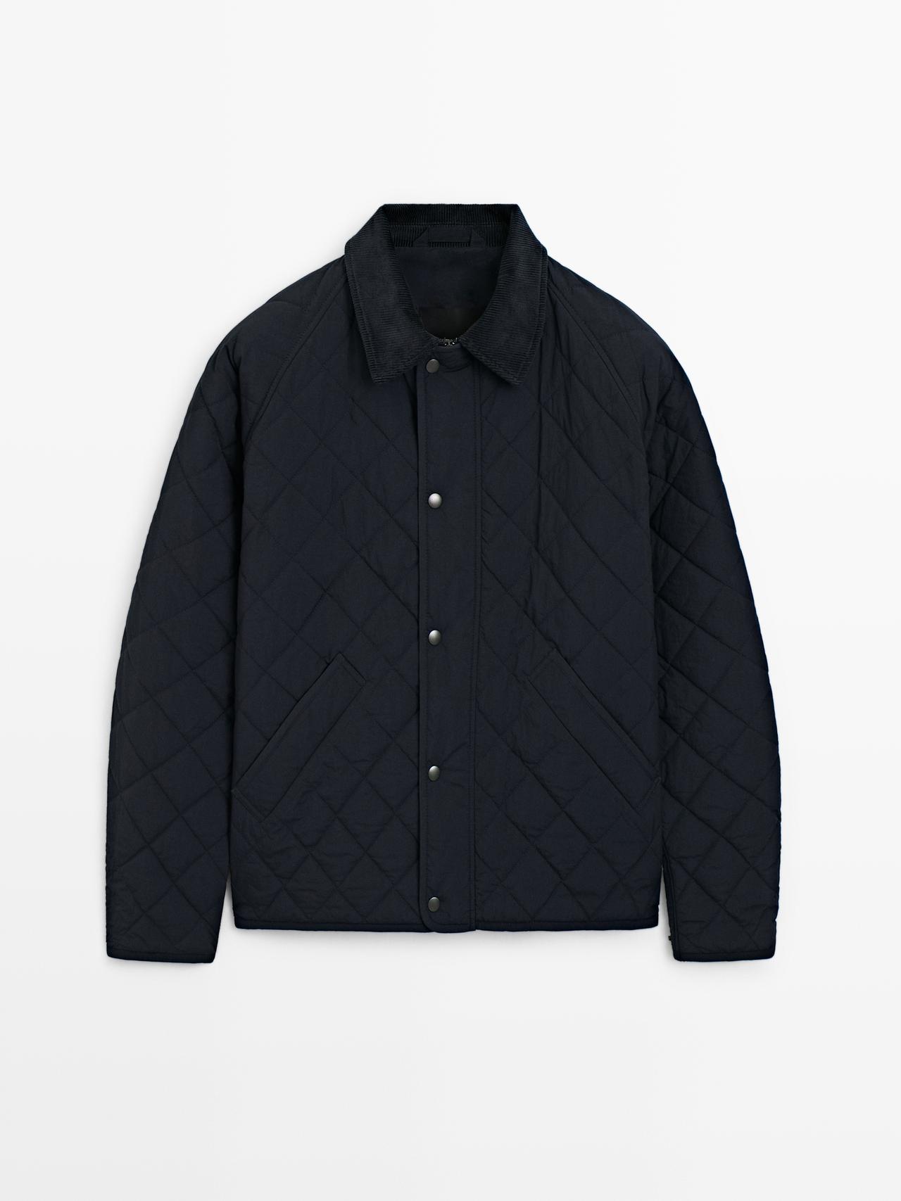Massimo Dutti - Herre - Quilted Jacket With Corduroy Collar - Marineblå - Xl