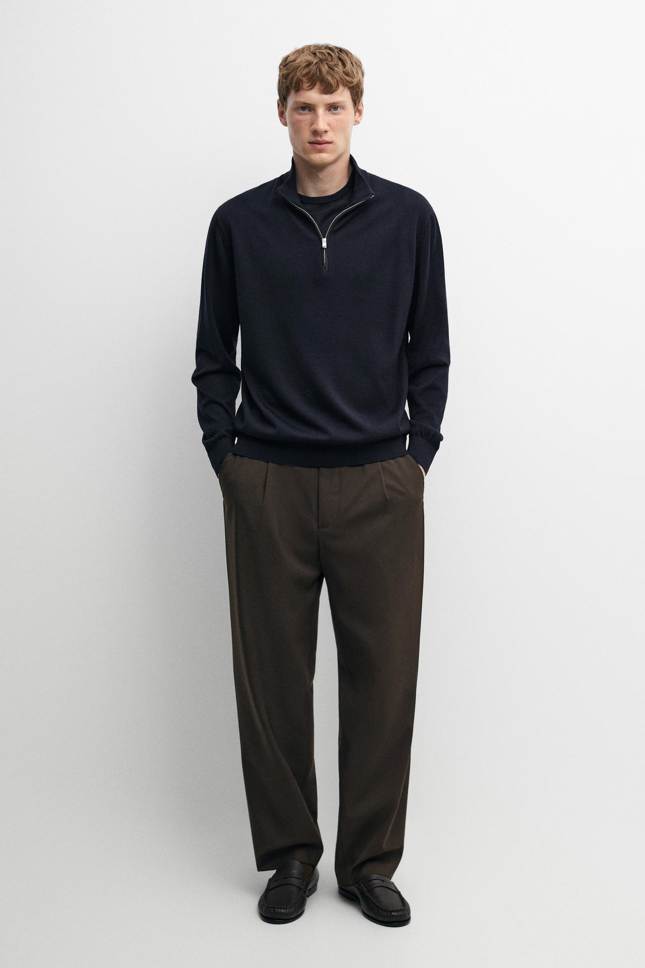 Merino wool blend mock neck knit sweater — NAVY BLUE