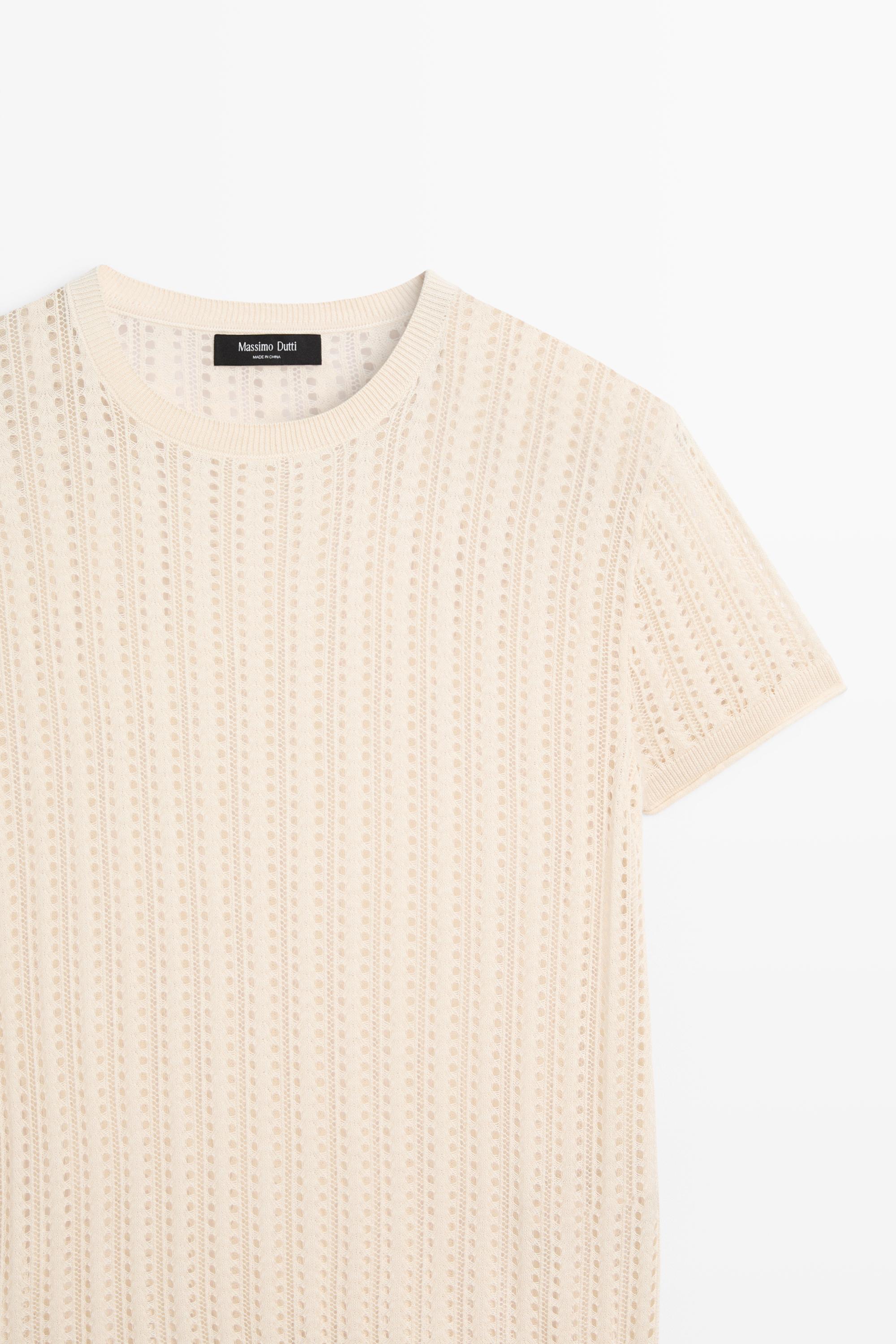 Short sleeve cutwork knit top — CREAM