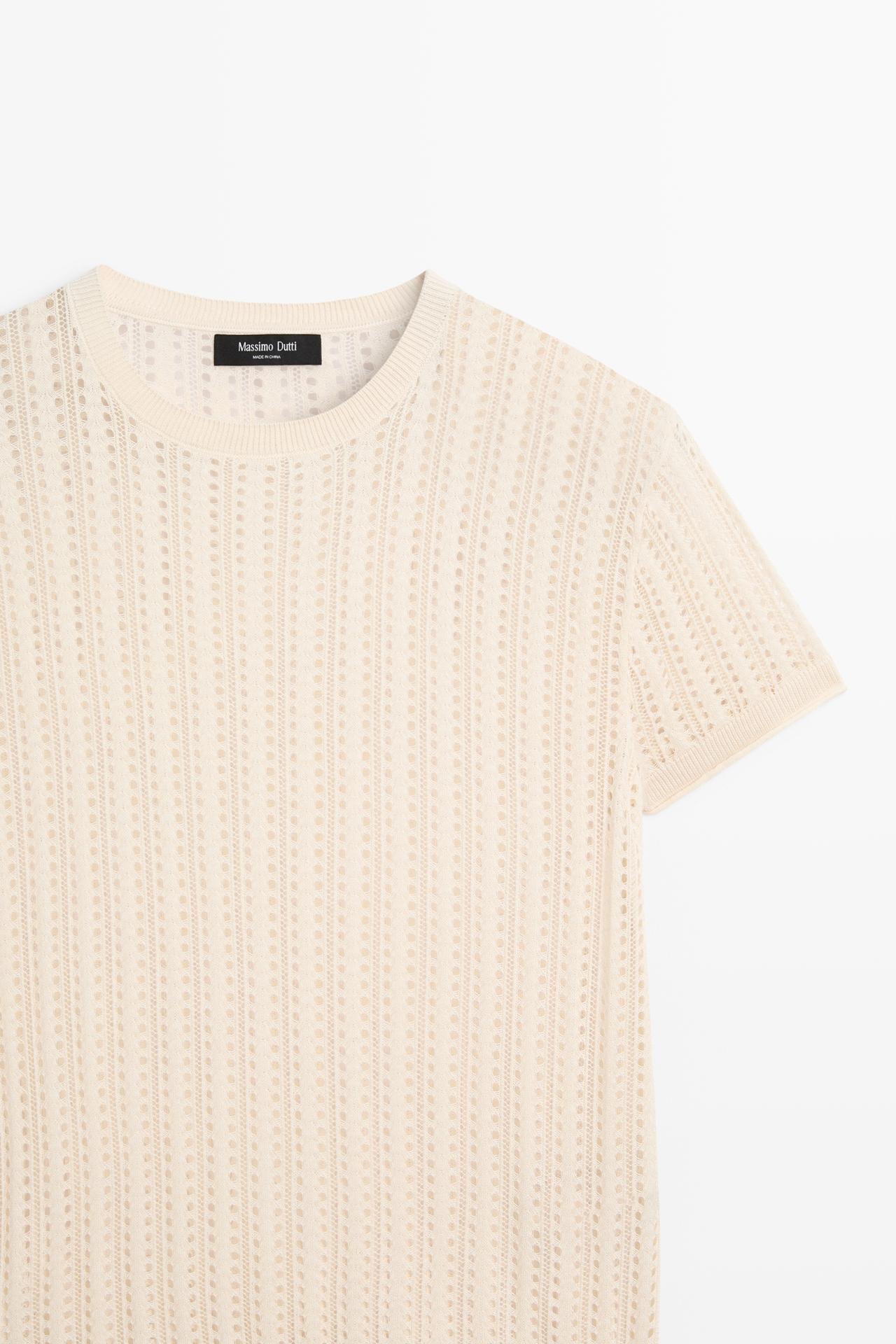 Short sleeve cutwork knit top — CREAM