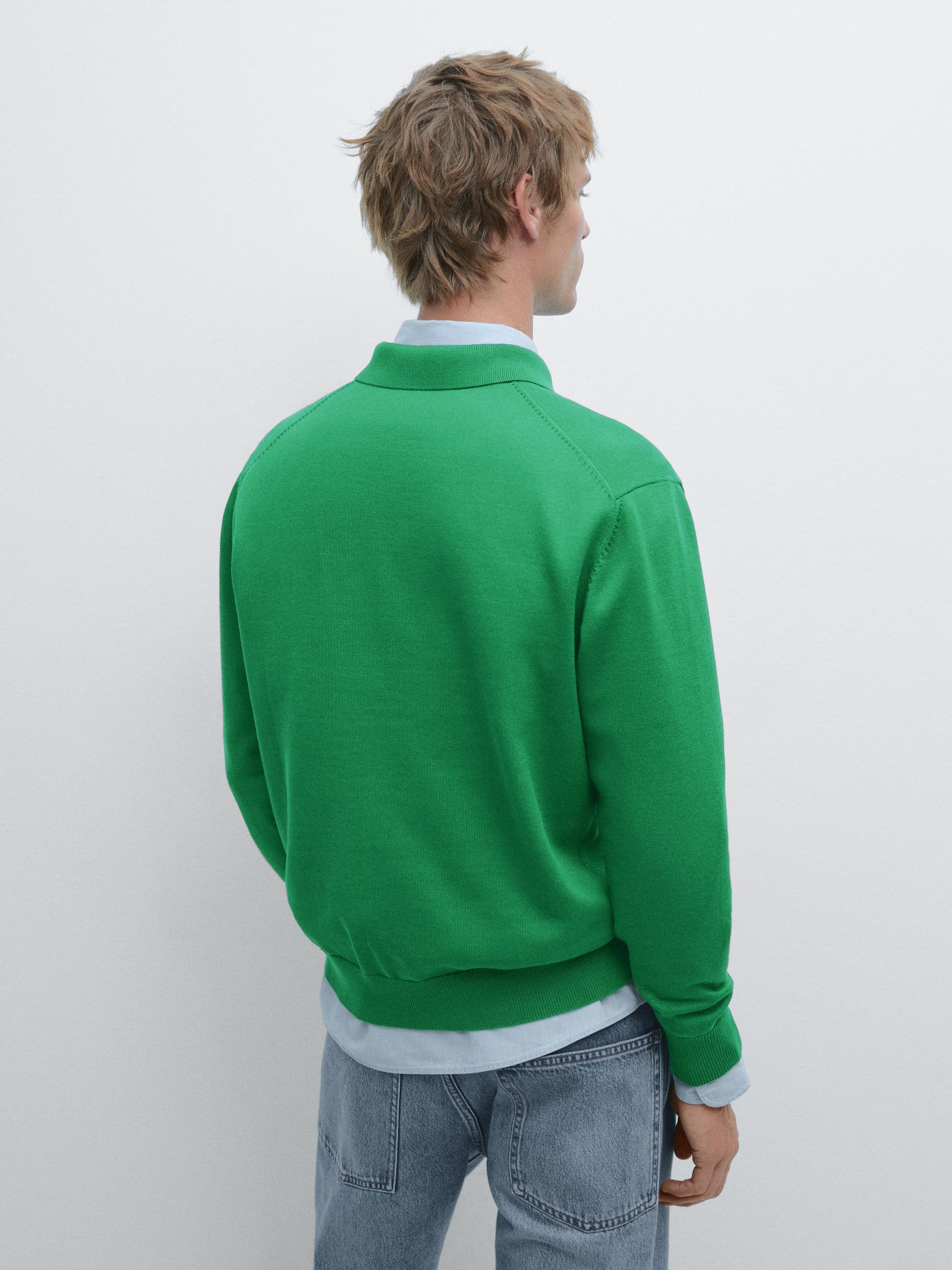 Cotton knit polo collar sweater — Green billiard