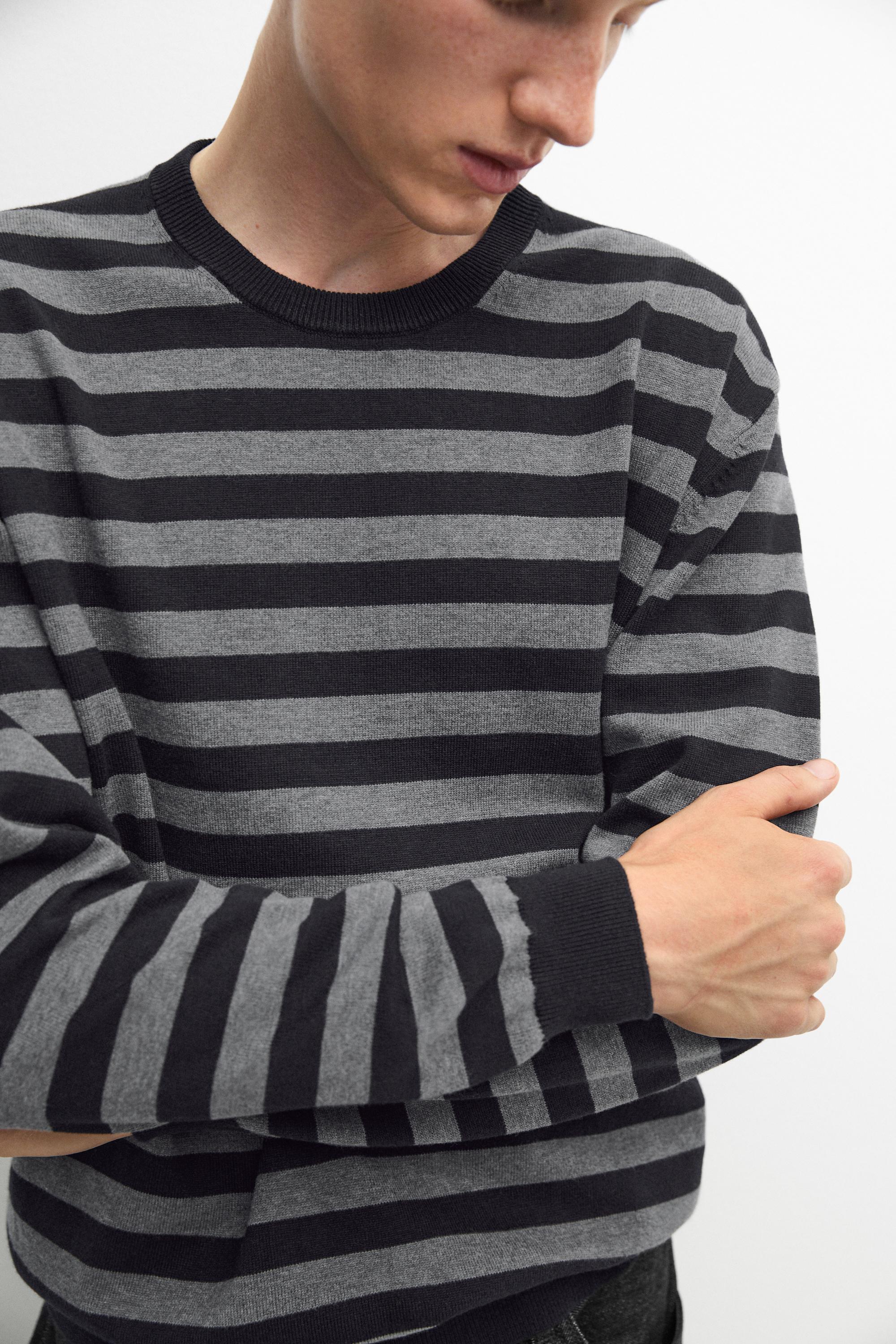 Cotton blend striped knit sweater — NAVY BLUE