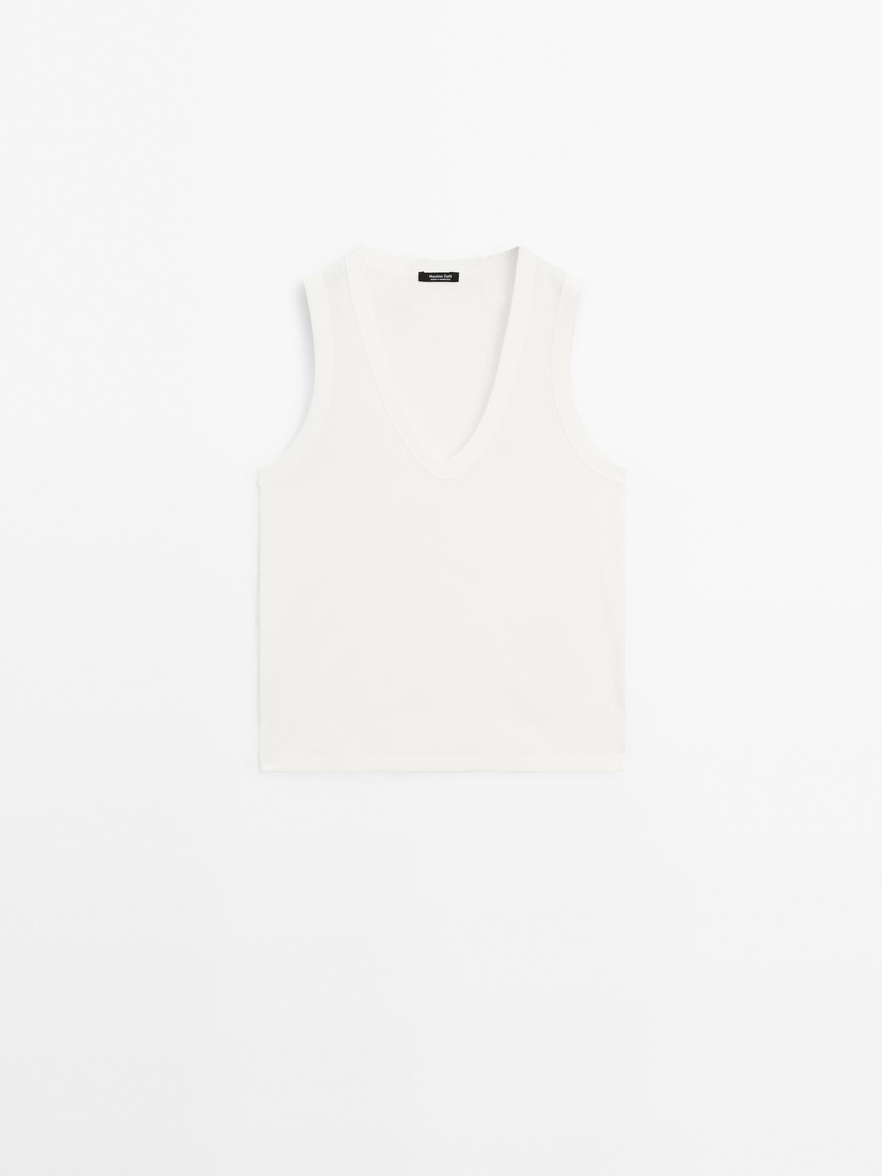 Massimo Dutti - Dame - Top Med V-Udskæring I 100% Merceriseret Bomuld - Råhvid - Xs