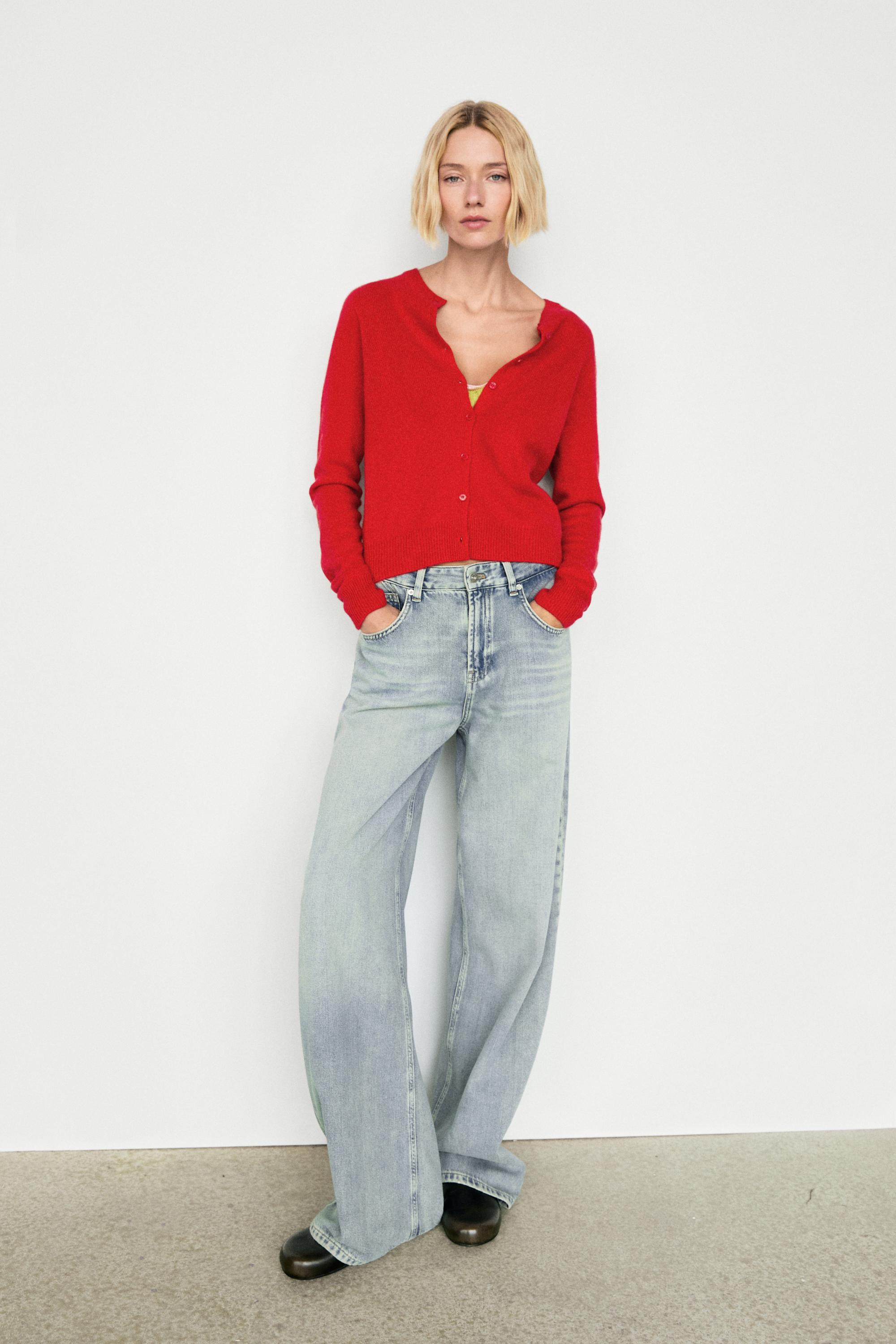 100% cashmere cropped knit cardigan — RED
