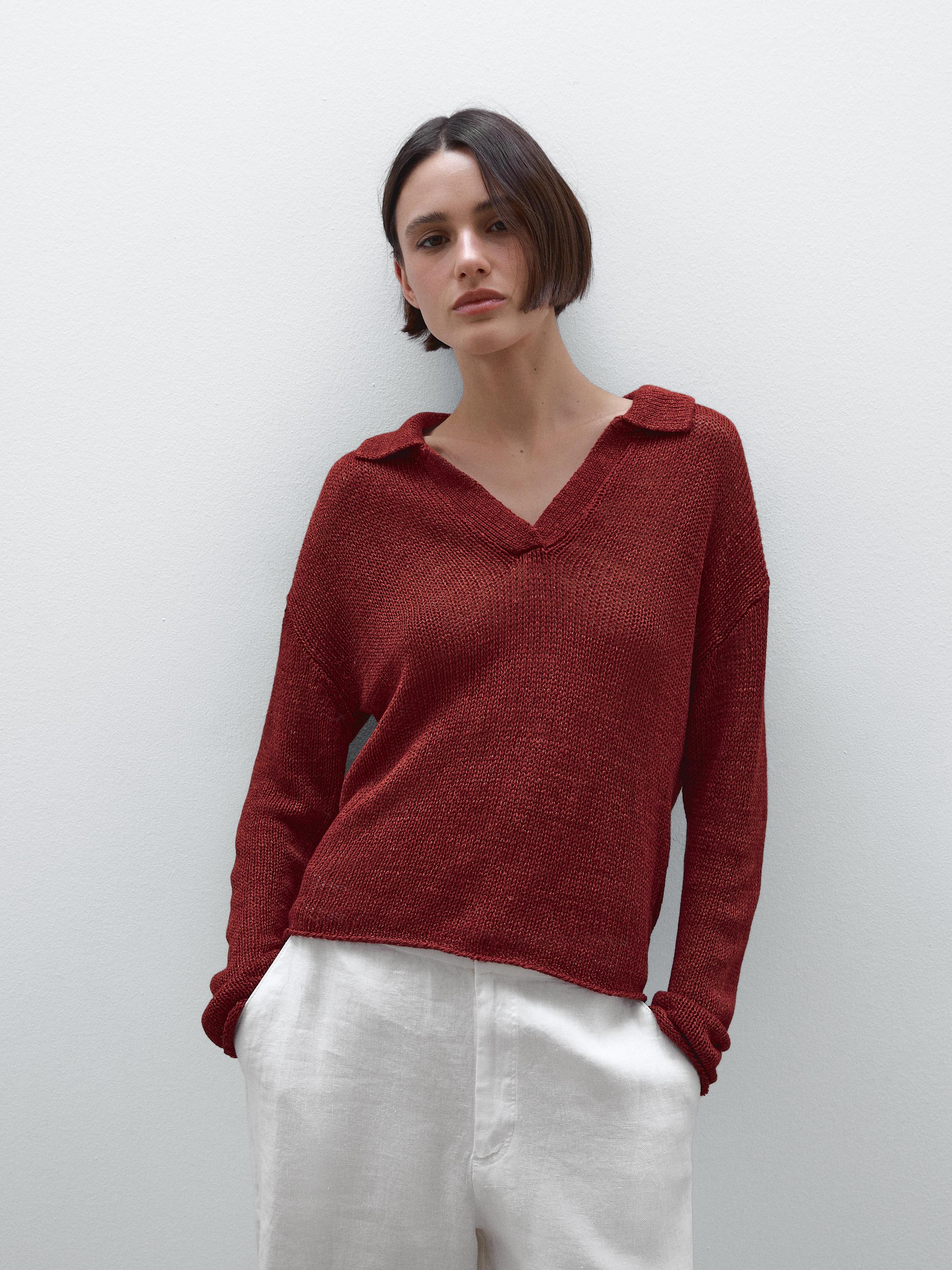 100% linen knit polo collar sweater