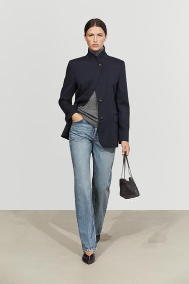Wool blend blazer with stand-up collar — DEEP BLUE 1