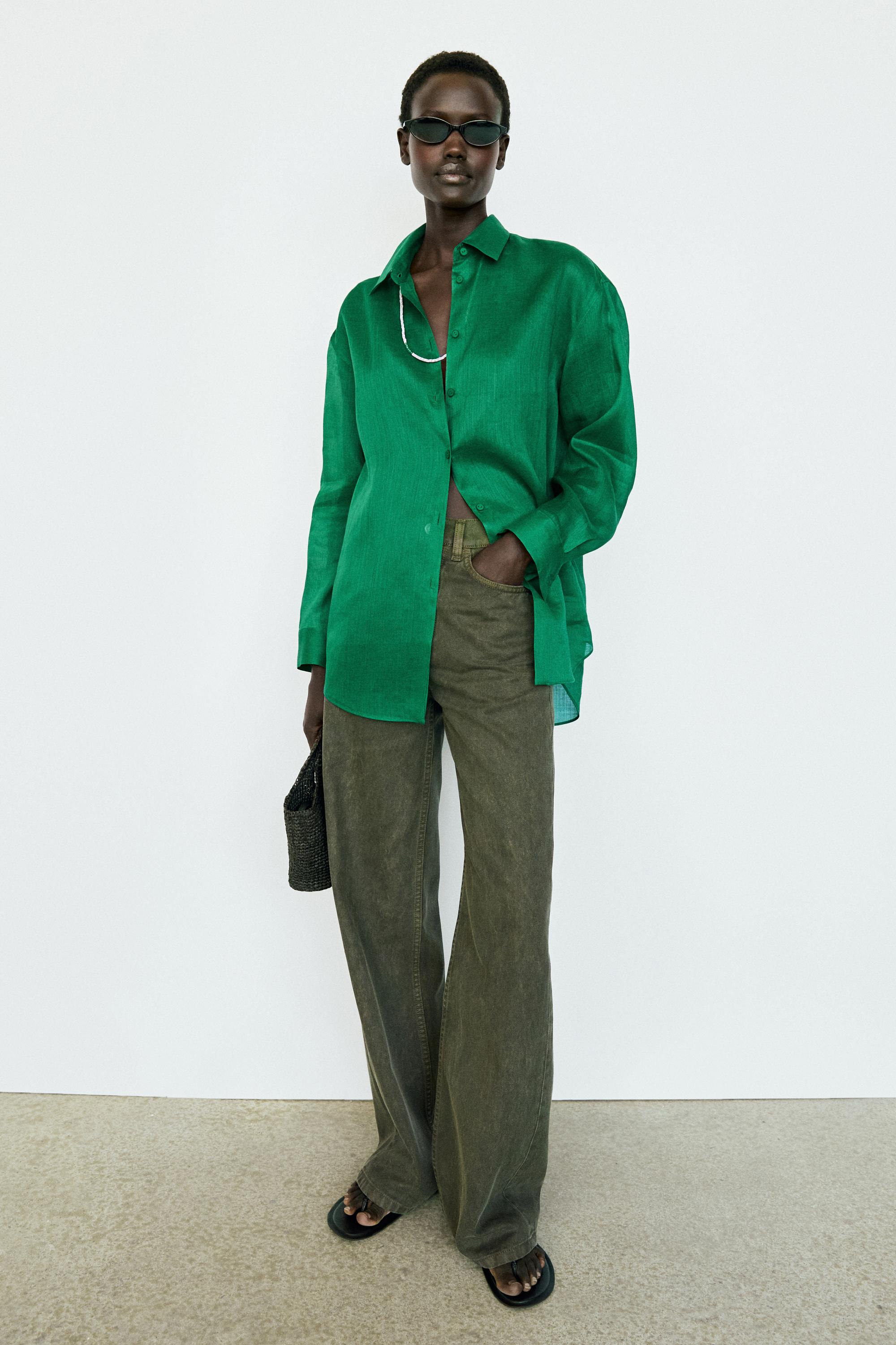 100% ramie flowing long shirt — GREEN