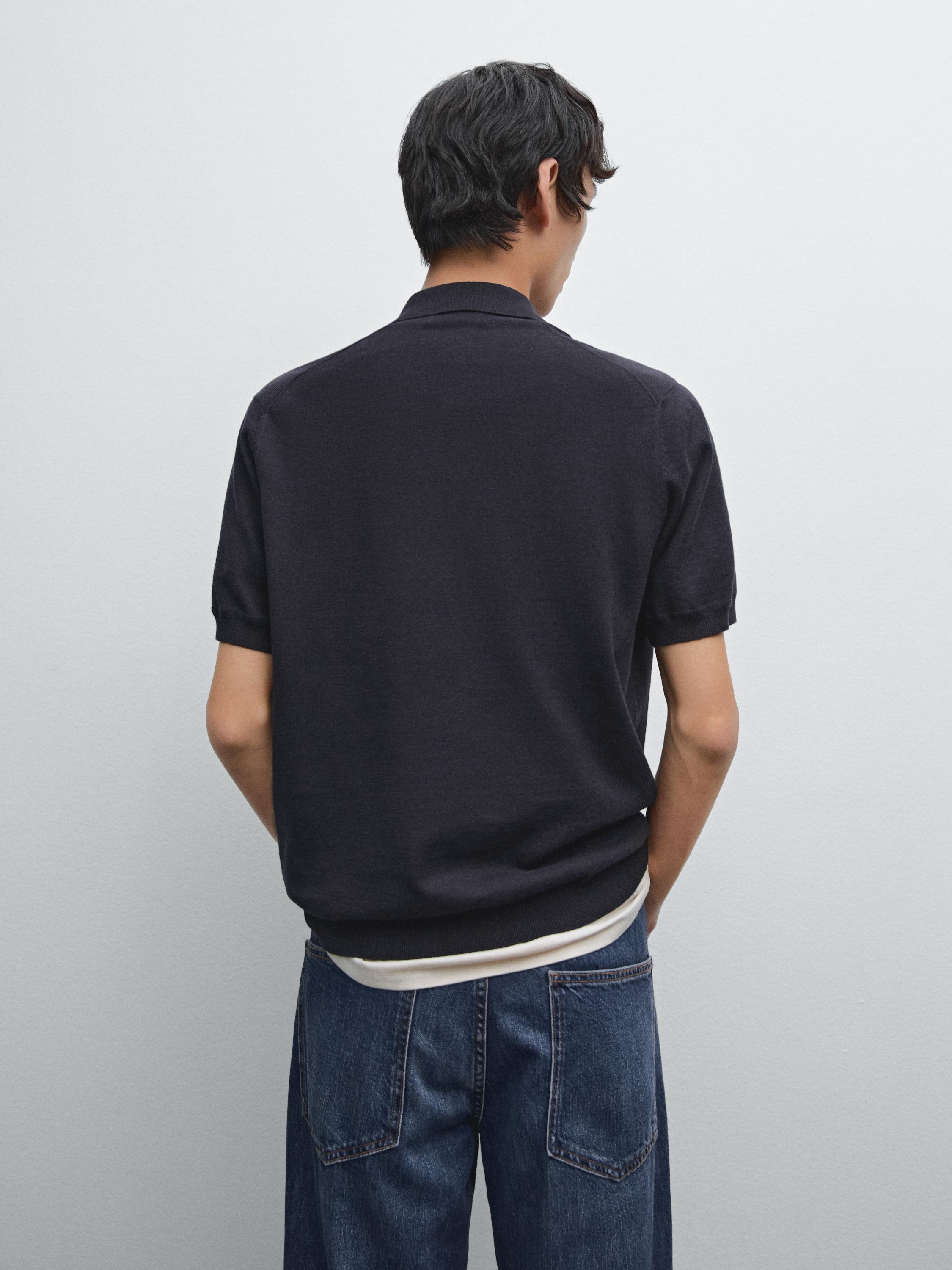 Linen blend knit V-neck polo shirt