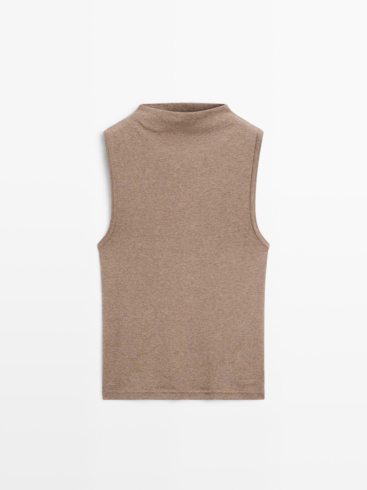 Massimo Dutti - Dames - 100% Katoenen Top Met Opstaande Kraag - Mink - L