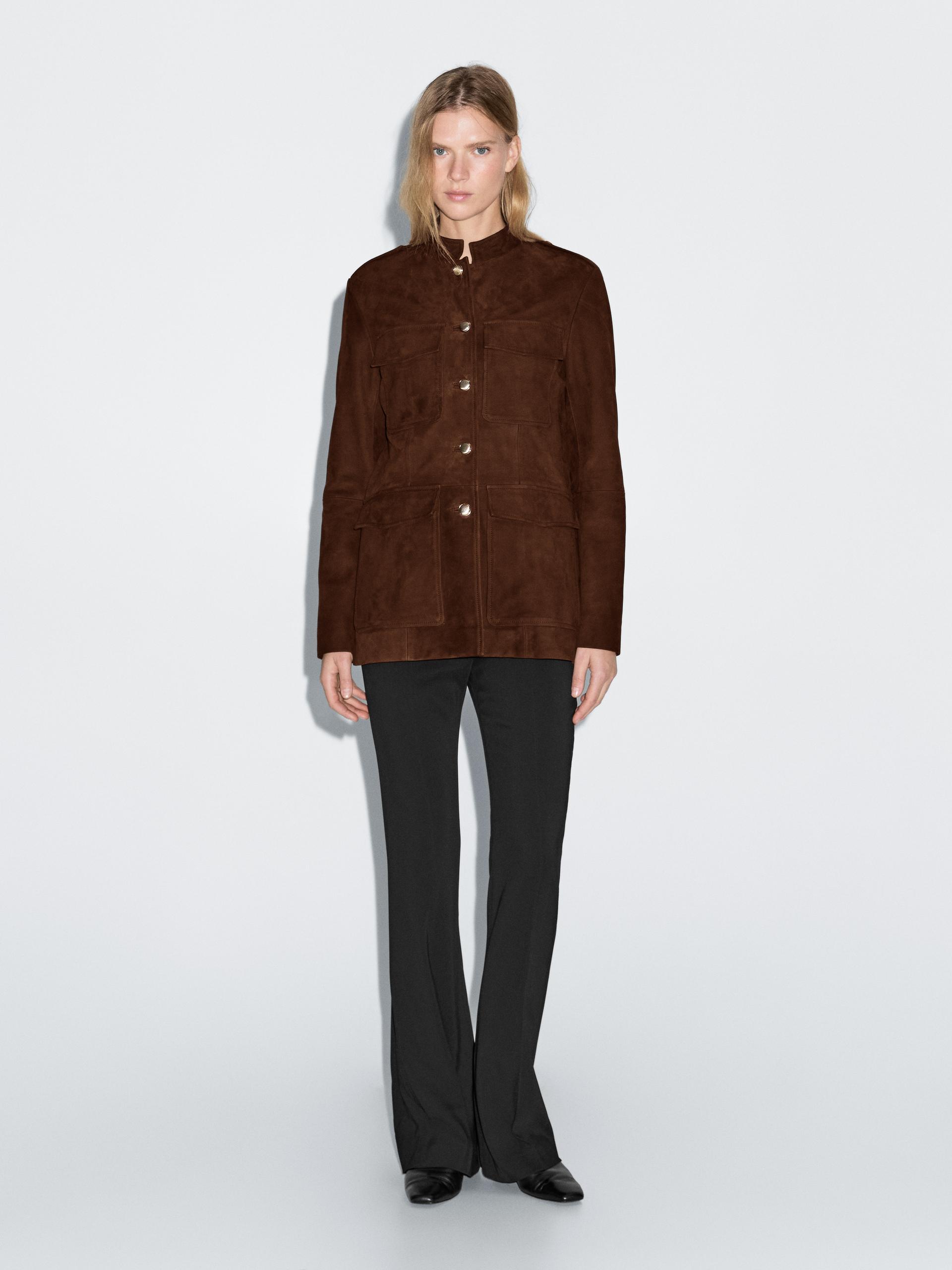 Veste Saharienne En Cuir Finition Daim - Tuile - L - Massimo Dutti - Femme