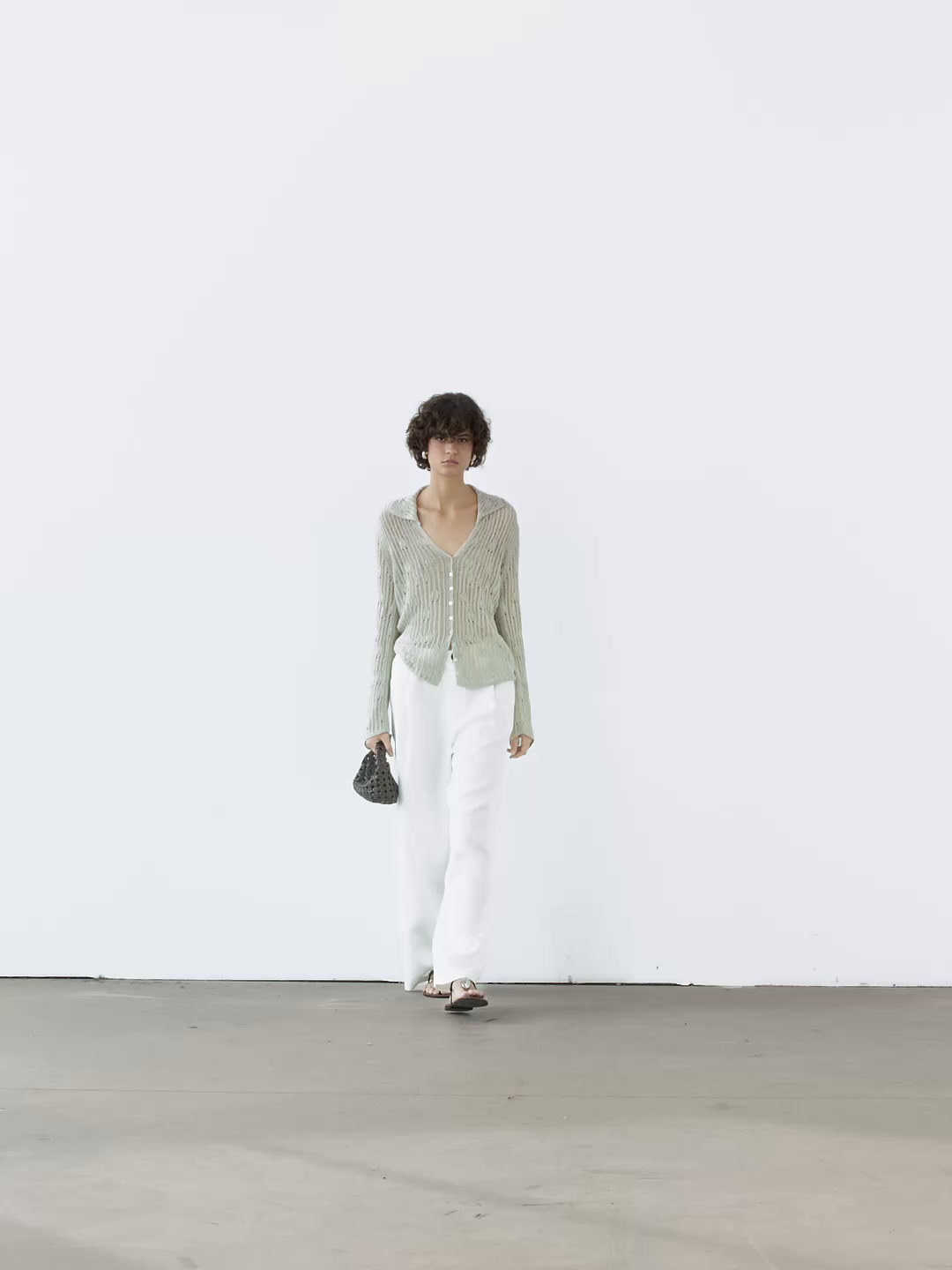 Cutwork cardigan with polo collar