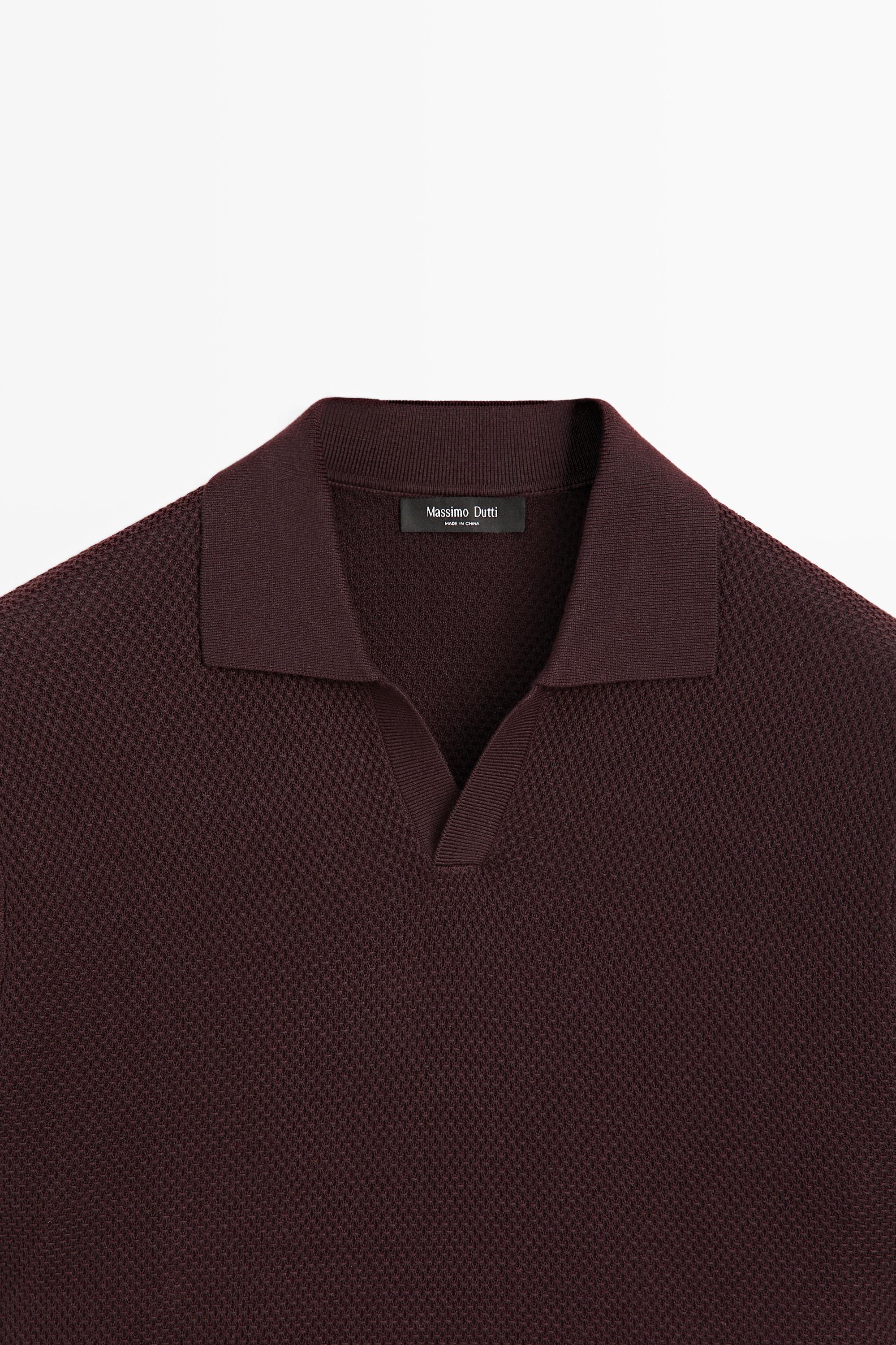 Cotton blend knit V-neck polo shirt — BURGUNDY