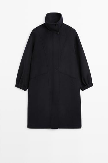 Long wool-blend coat with high collar — NAVY BLUE 2