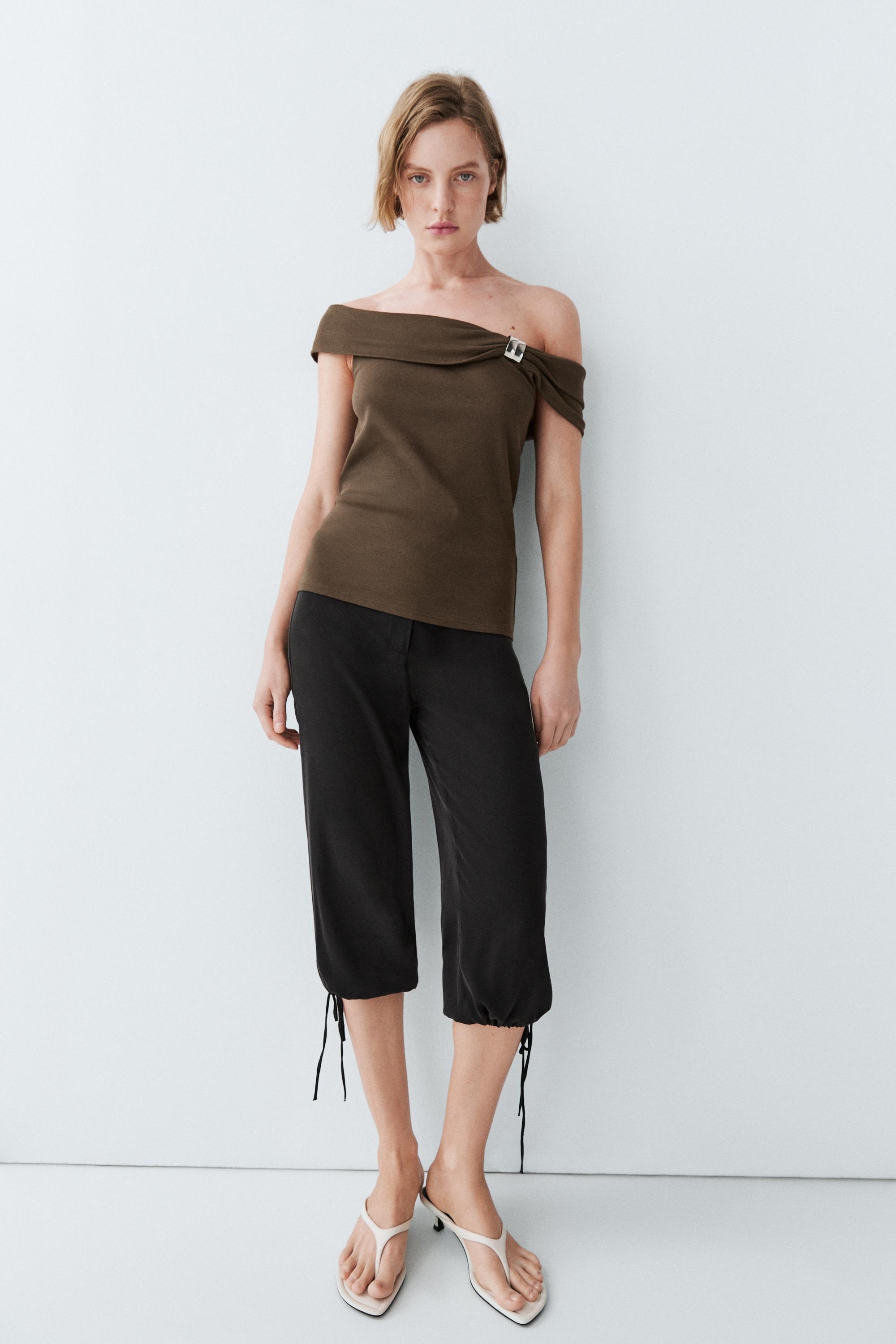 Off-the-shoulder top with jewel detail — KHAKI