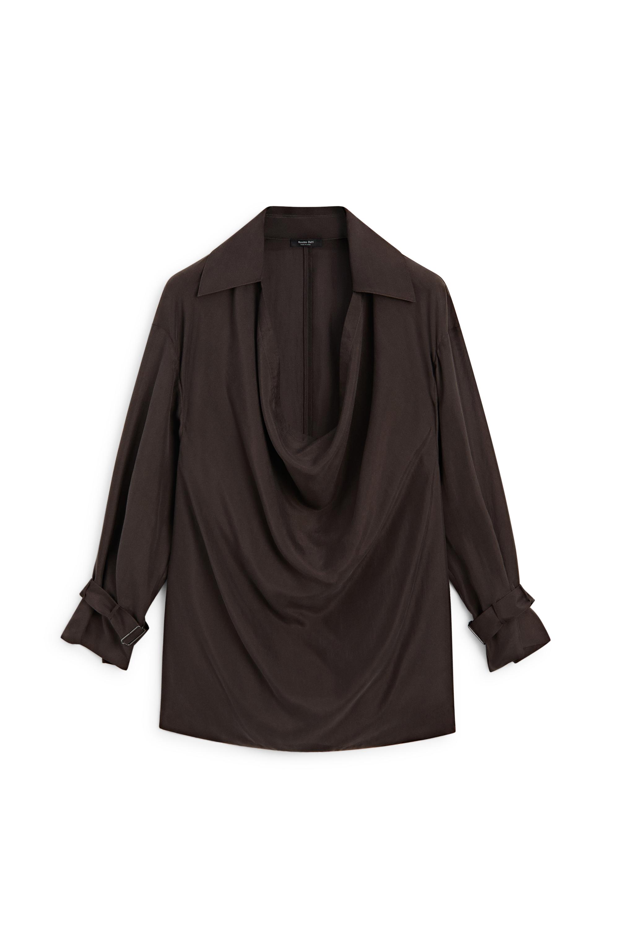 100% Silk Draped Neckline Flowy Shirt — BROWN