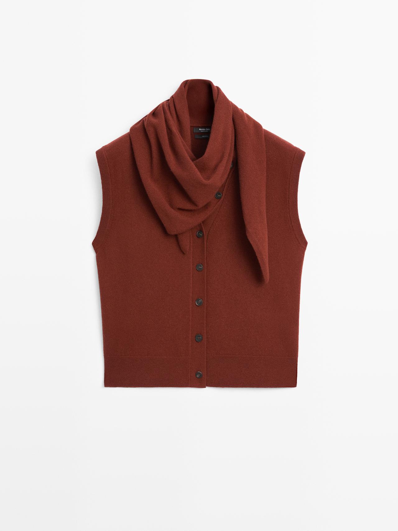 Massimo Dutti - Dame - Vest I 100% Uld Med Tørklædedetalje - Terrakotta - M