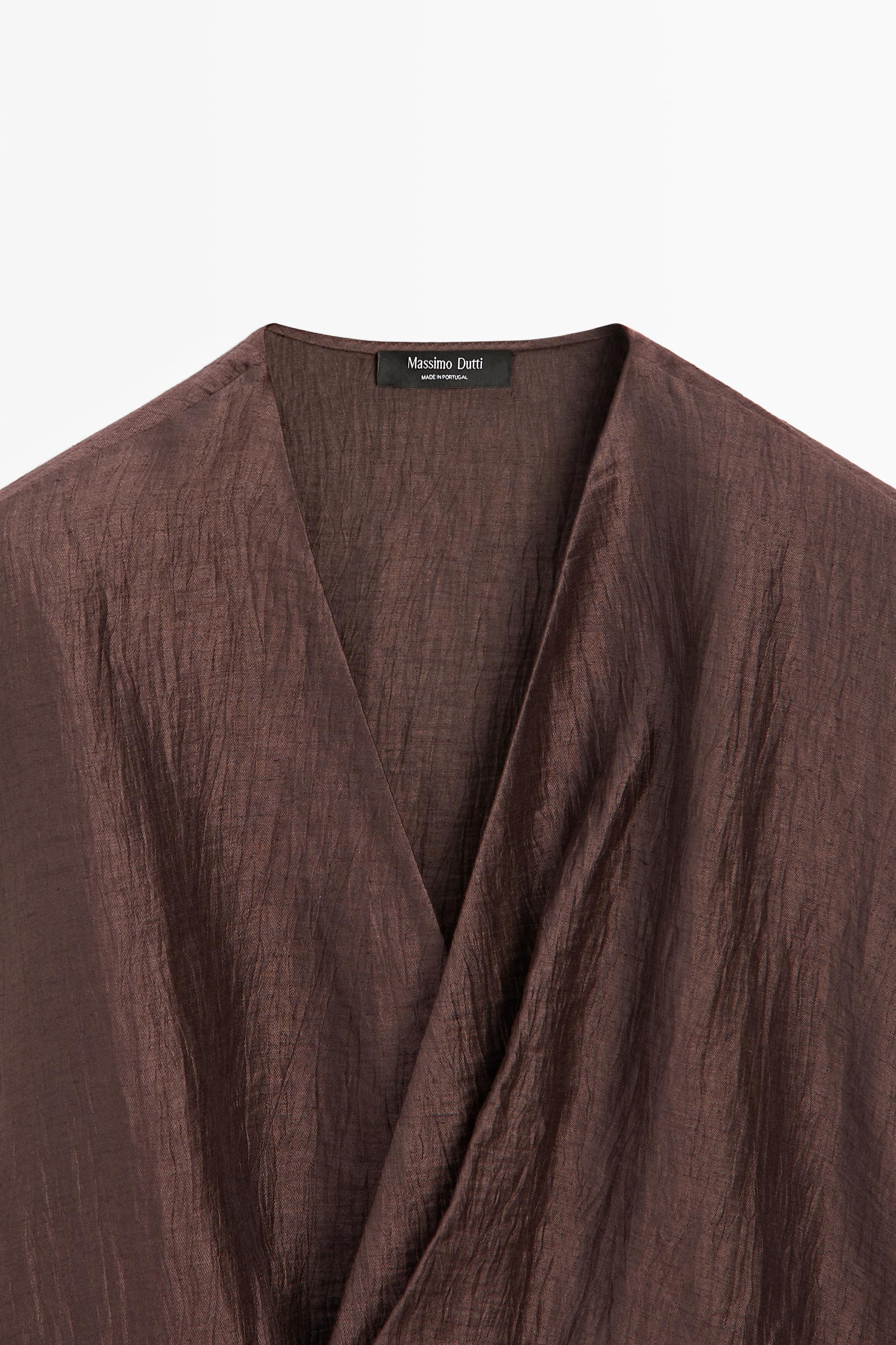 Fluid linen blend crossover kimono — BROWN