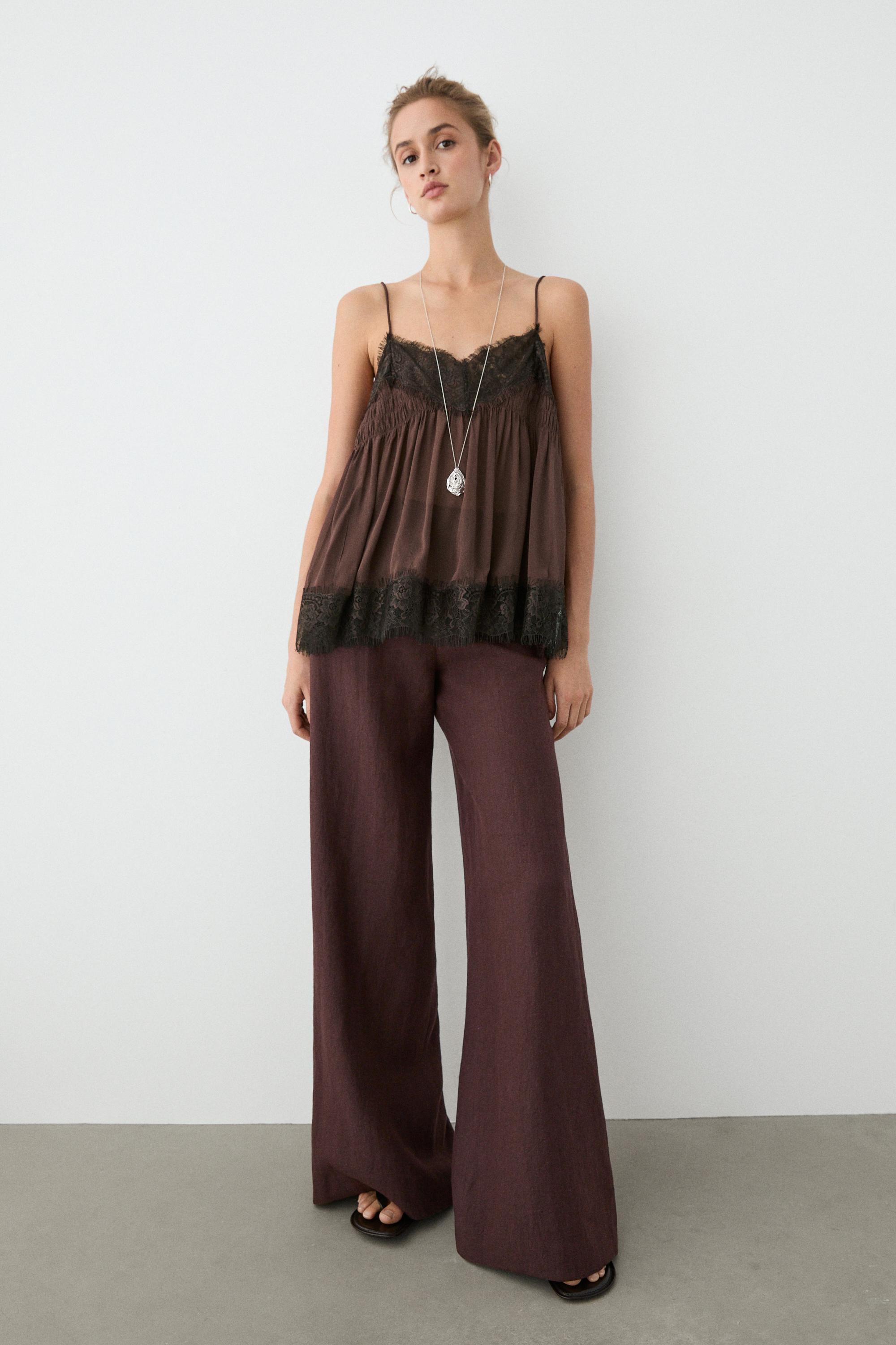 100% linen mid-waist flared pants — MAROON