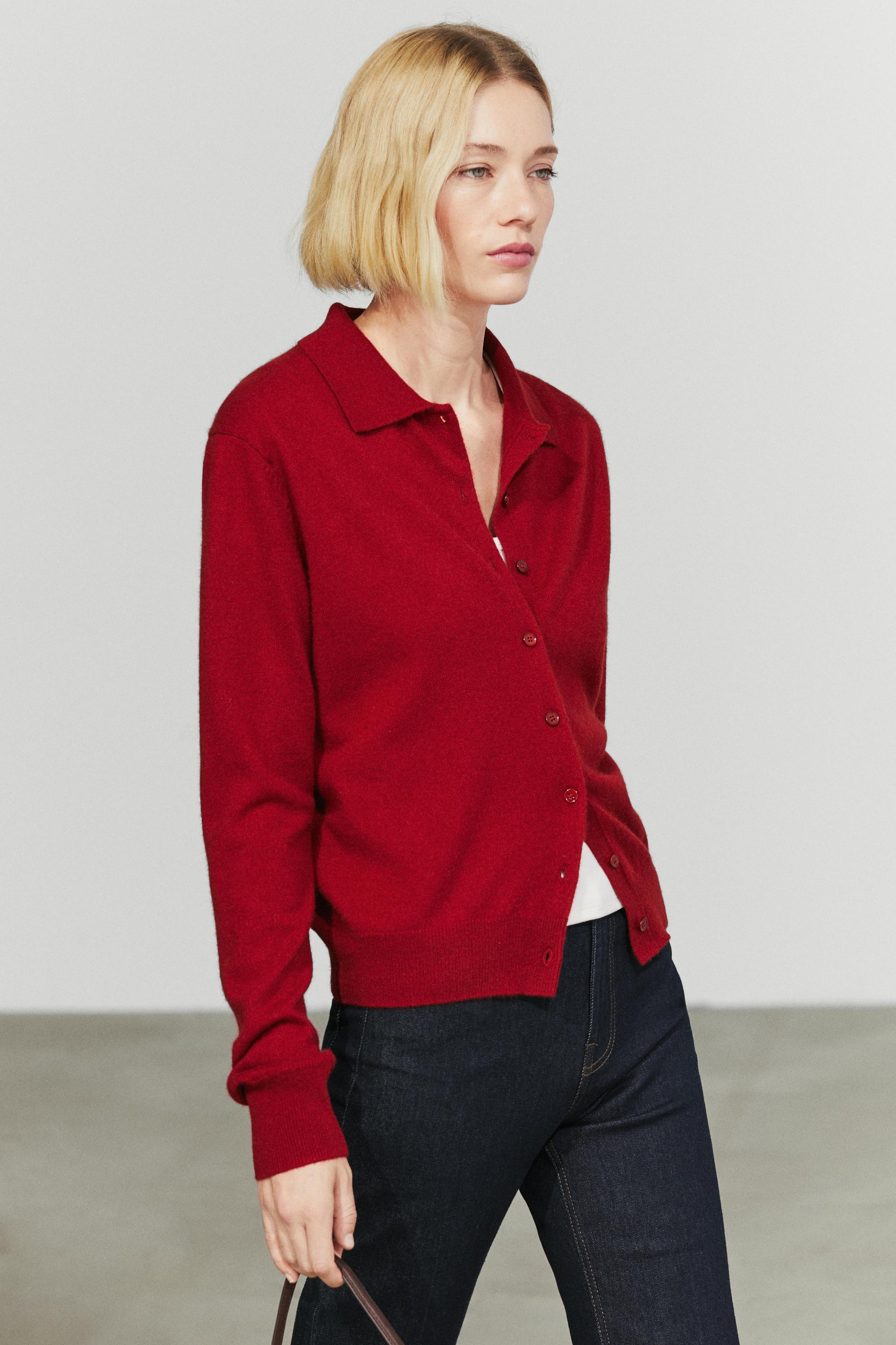 100% cashmere knit polo collar cardigan