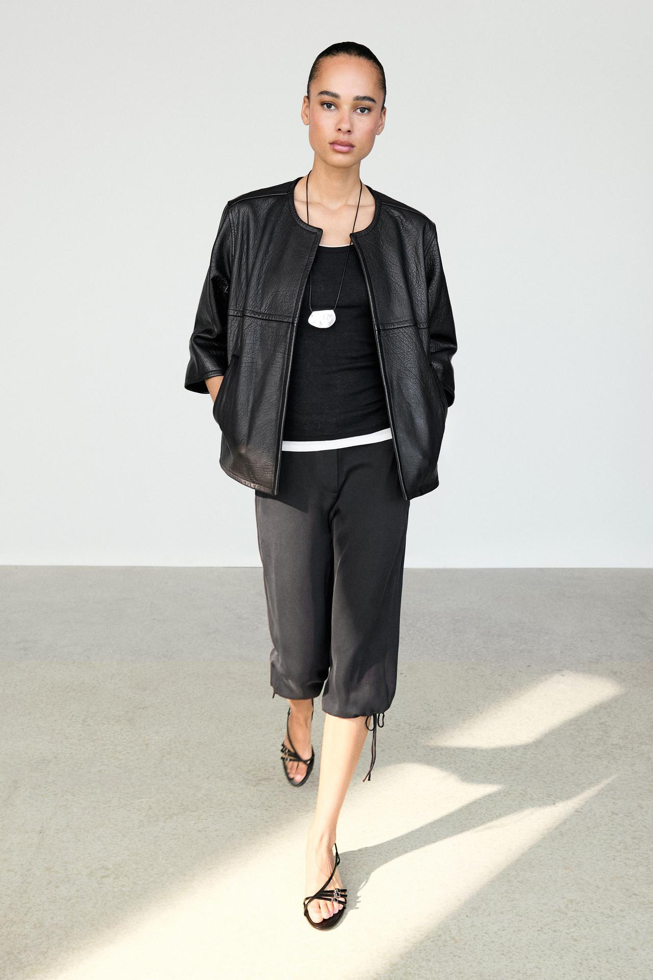 Silk blend tie-hem capri pants — BLACK