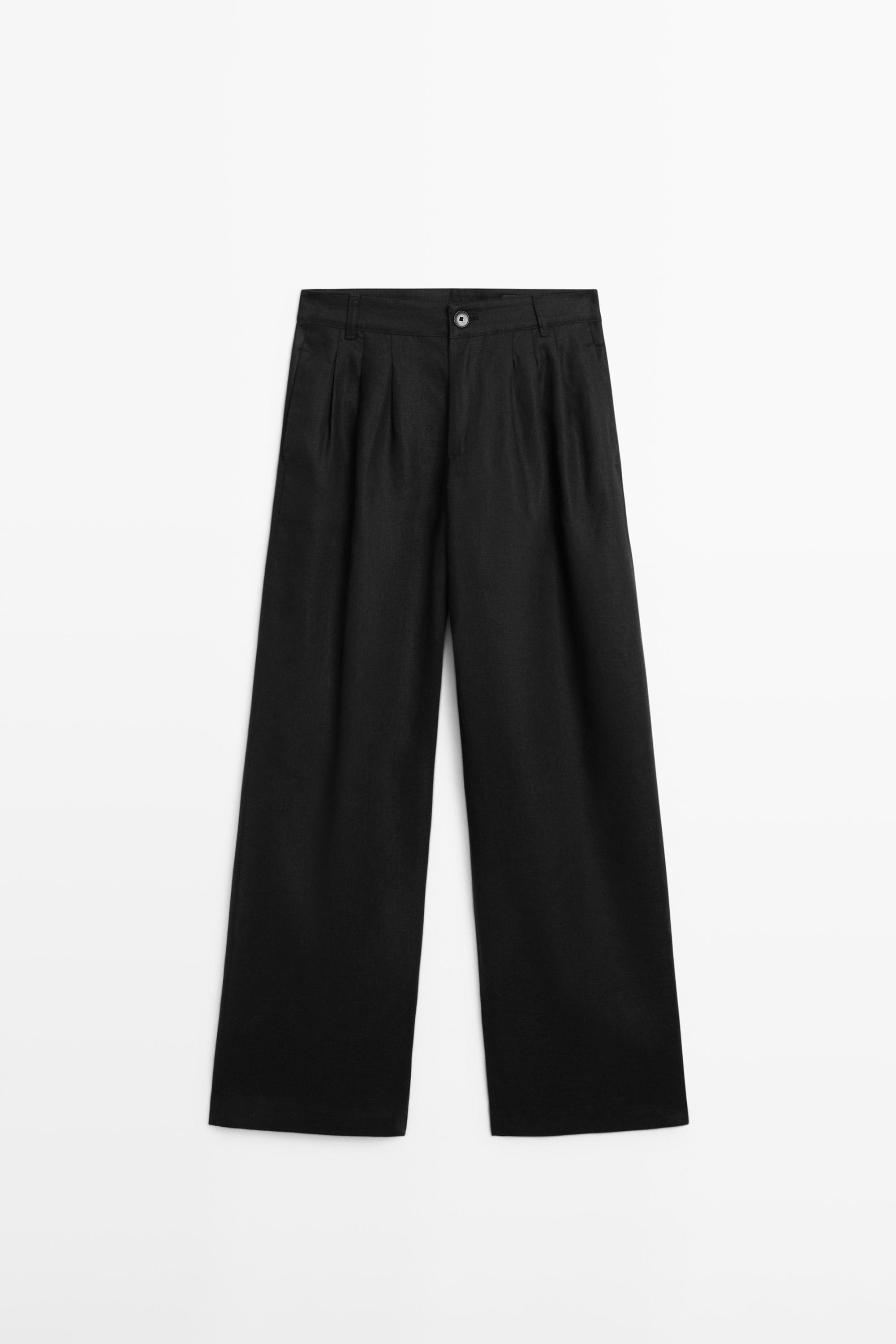 Wide-leg pleated linen trousers — BLACK