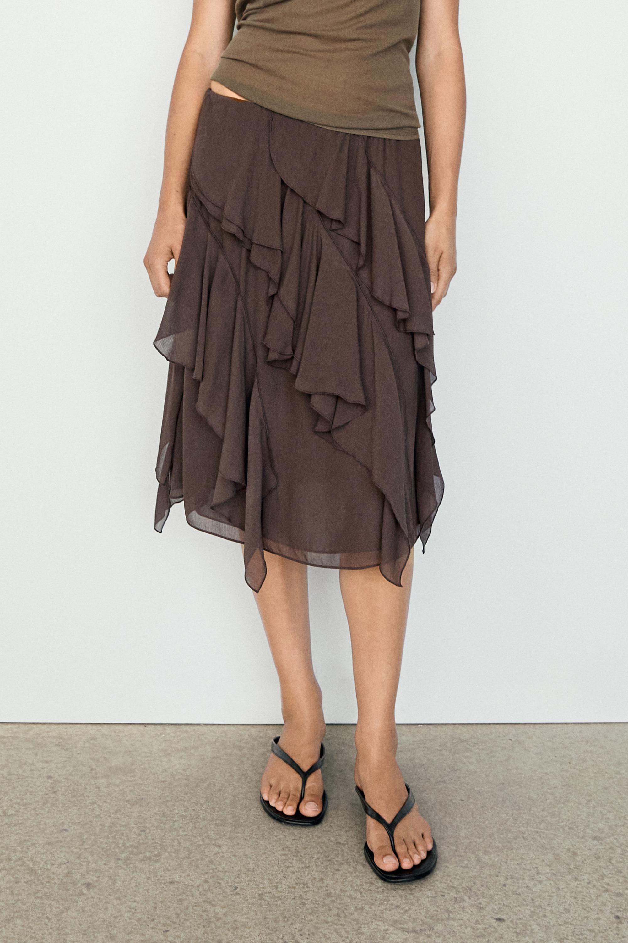 Flowing ruffled midi skirt — Chocolate