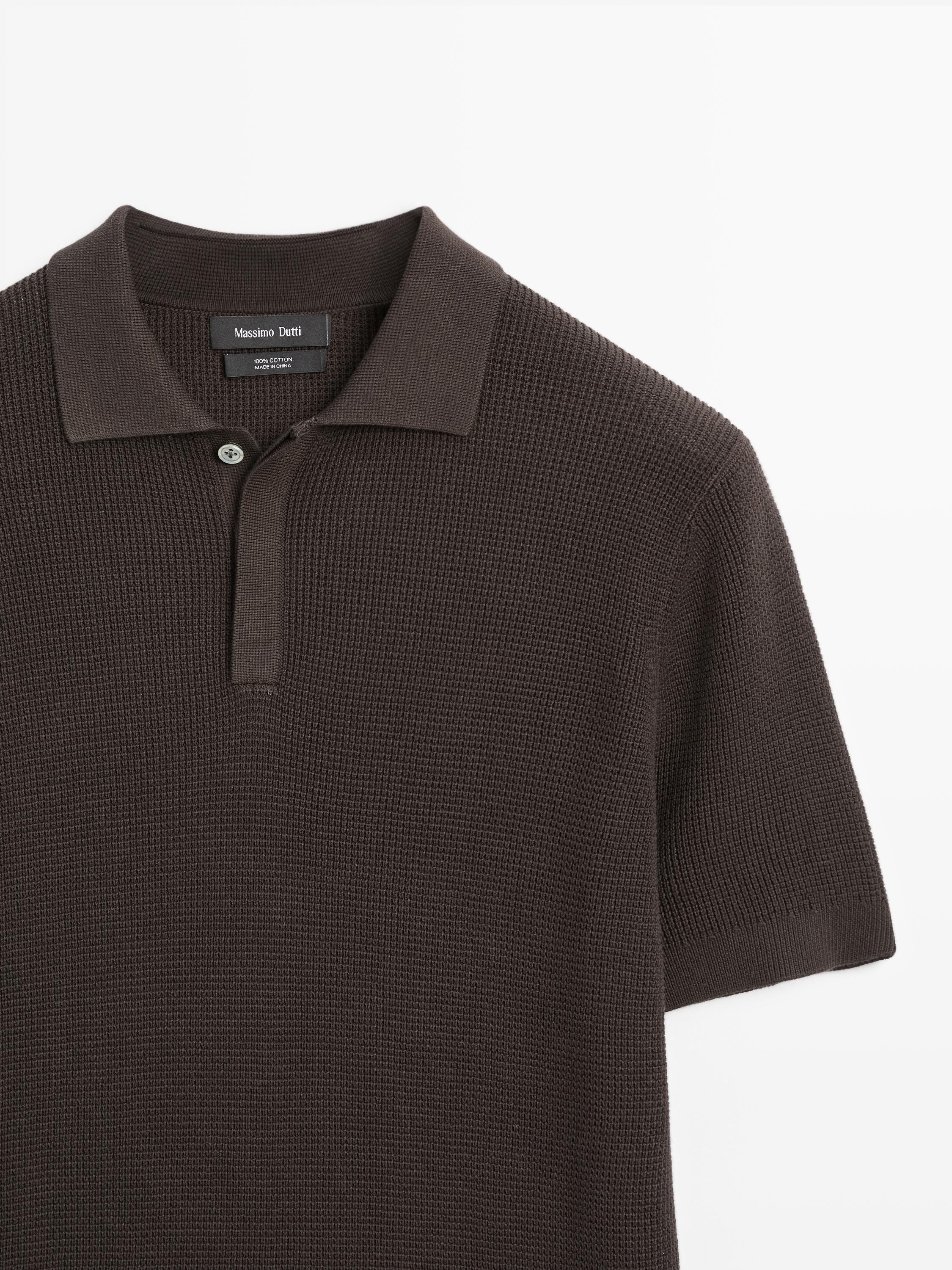 Textured cotton knit polo shirt — BROWN MARL