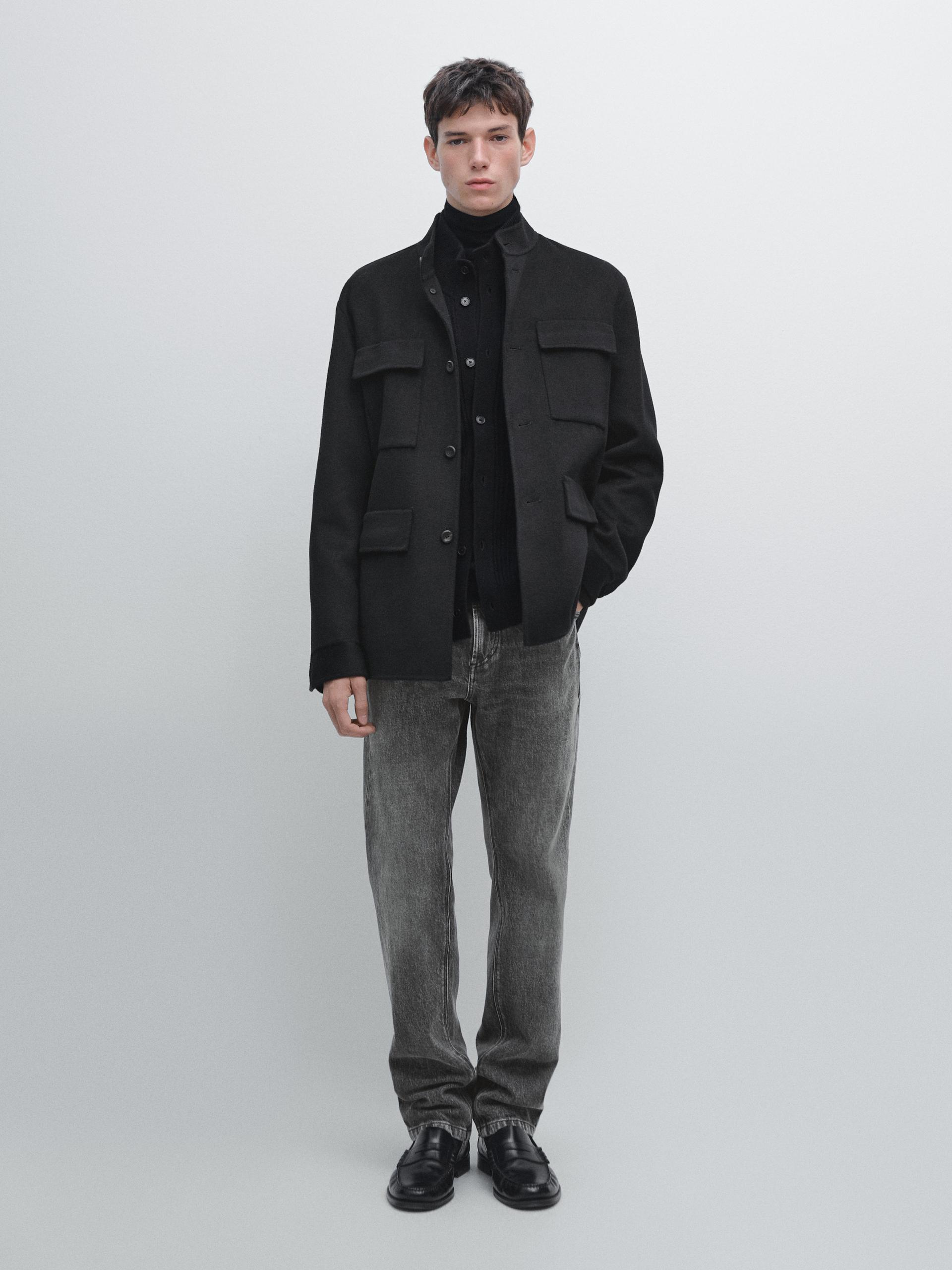 Casaco Com Gola De Tira Em Mistura De Fazenda - Azul-Marinho - Xl - Massimo Dutti - Homem